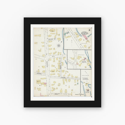 Old map wall art mockup — black gallery frame with white mat — Sanborn Fire Insurance Map from Arlington, Middlesex County, Massachusetts (1892), Sheet #0004