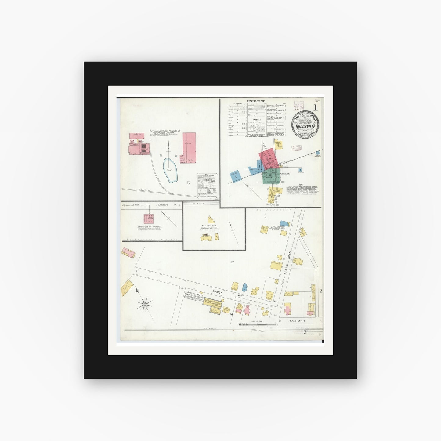 Old map wall art mockup — black gallery frame with white mat — Sanborn Fire Insurance Map from Brookville, Montgomery County, Ohio (1905) - Complete Map Set