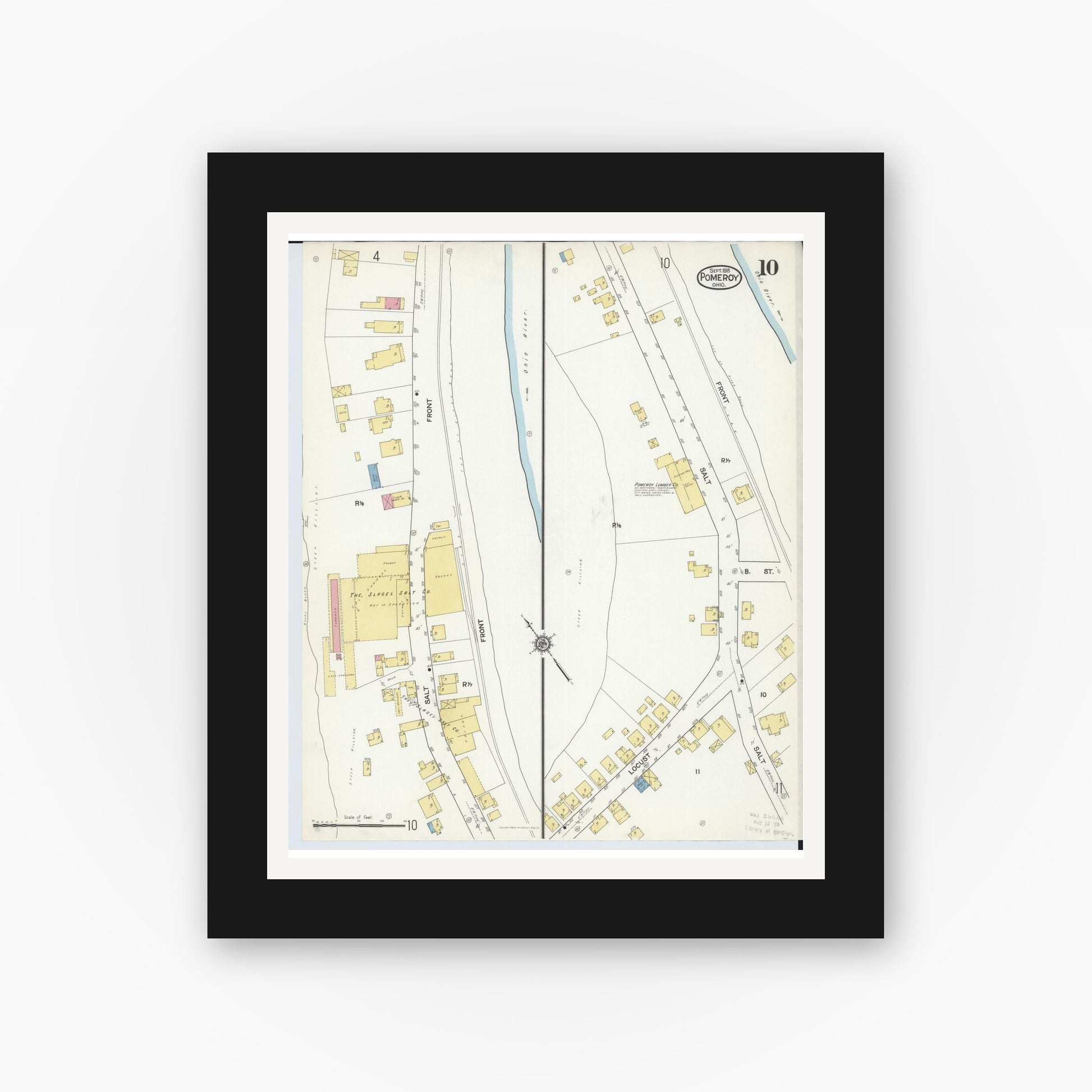Old map wall art mockup — black gallery frame with white mat — Sanborn Fire Insurance Map from Pomeroy, Meigs County, Ohio (1916), Sheet #0010