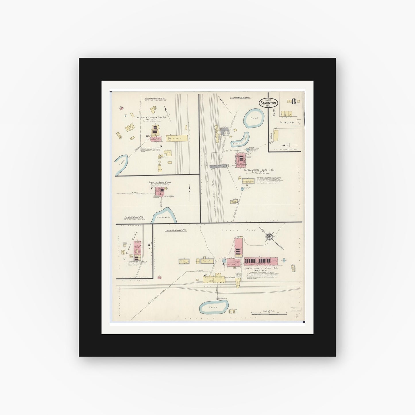 Old map wall art mockup — black gallery frame with white mat — Sanborn Fire Insurance Map from Staunton, Macoupin County, Illinois (1913), Sheet #0008