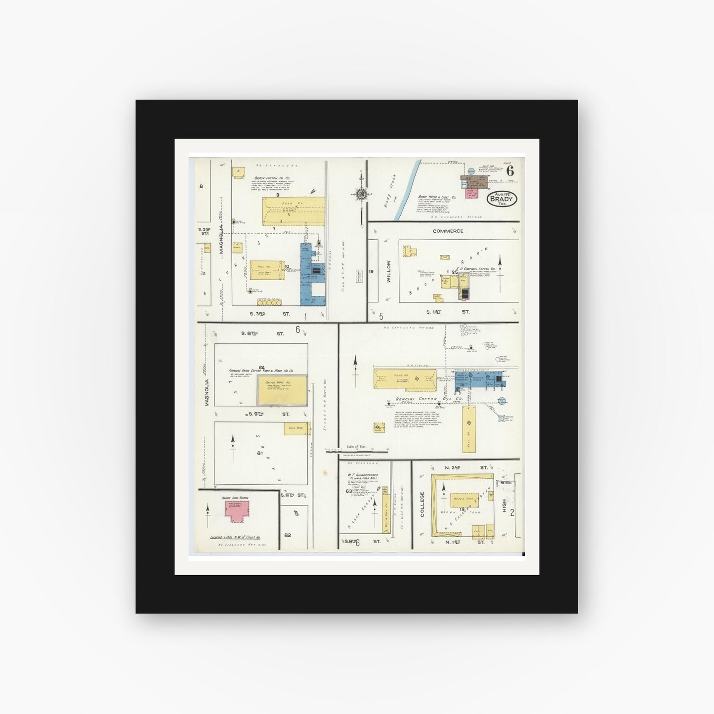 Old map wall art mockup — black gallery frame with white mat — Sanborn Fire Insurance Map from Brady, McCulloch County, Texas (1921), Sheet #0006