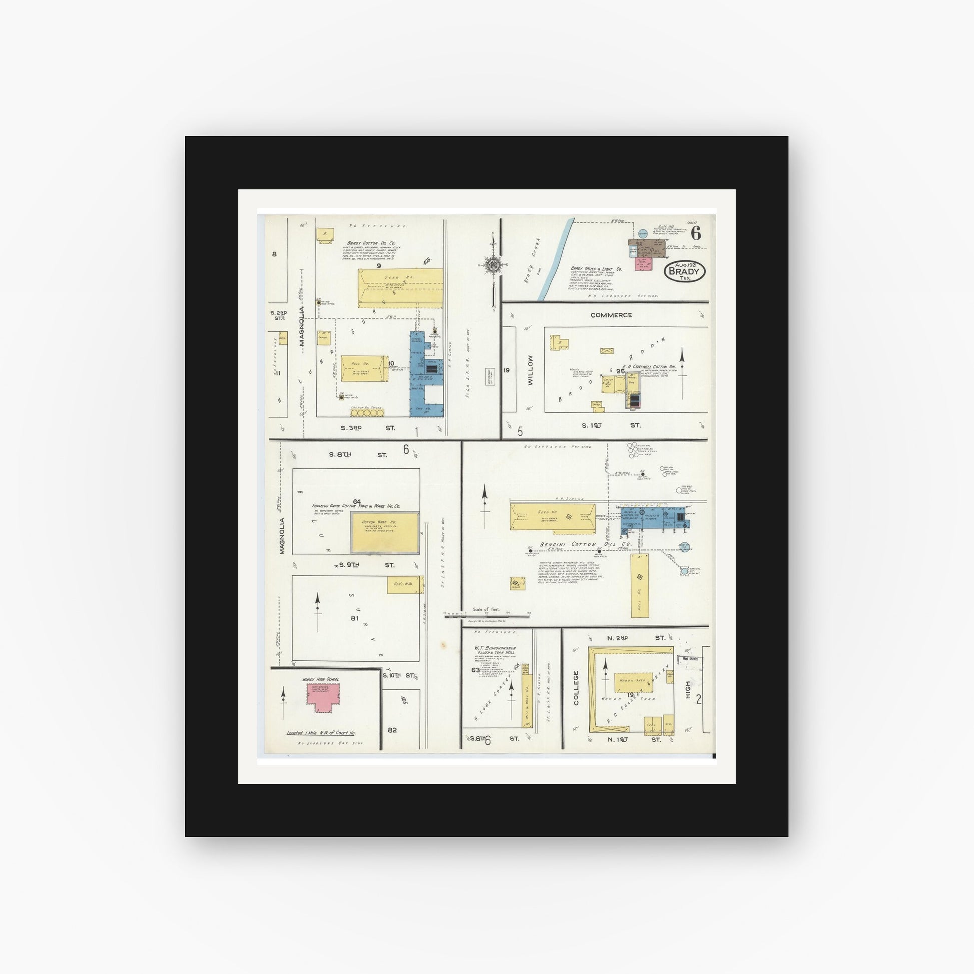 Old map wall art mockup — black gallery frame with white mat — Sanborn Fire Insurance Map from Brady, McCulloch County, Texas (1921), Sheet #0006