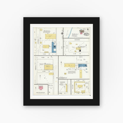 Old map wall art mockup — black gallery frame with white mat — Sanborn Fire Insurance Map from Brady, McCulloch County, Texas (1921), Sheet #0006