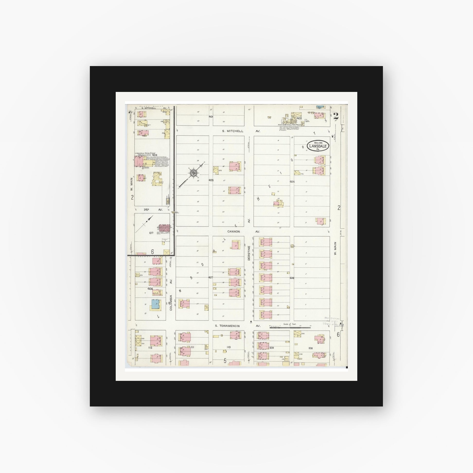 Old map wall art mockup — black gallery frame with white mat — Sanborn Fire Insurance Map from Lansdale, Montgomery County, Pennsylvania (1914), Sheet #0002