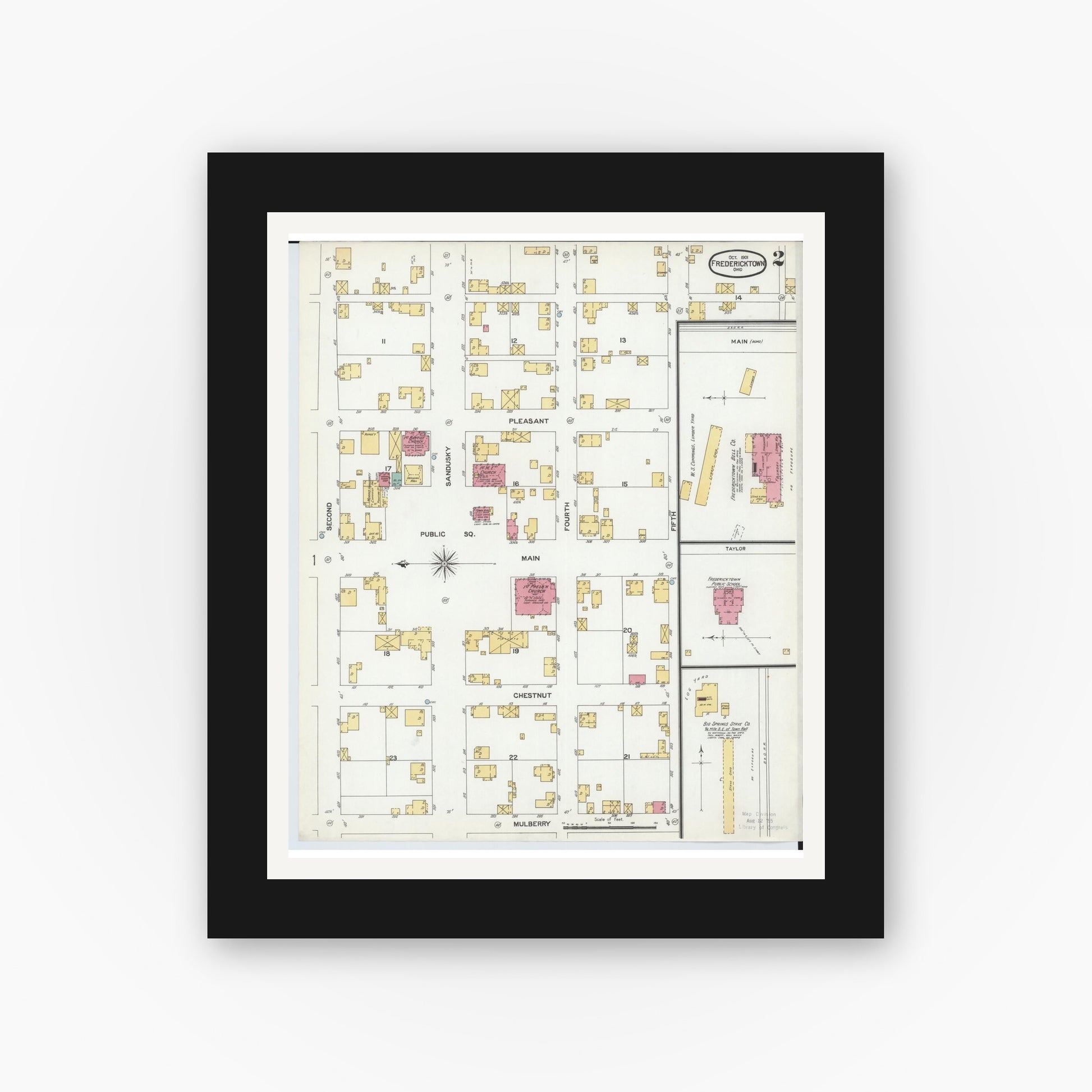 Old map wall art mockup — black gallery frame with white mat — Sanborn Fire Insurance Map from Fredericktown, Knox County, Ohio (1901), Sheet #0002