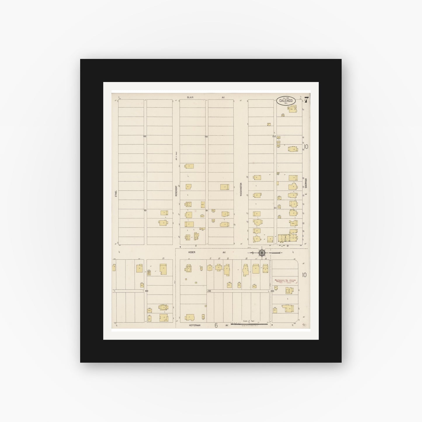 Old map wall art mockup — black gallery frame with white mat — Sanborn Fire Insurance Map from Calexico, Imperial County, California (1920), Sheet #0007