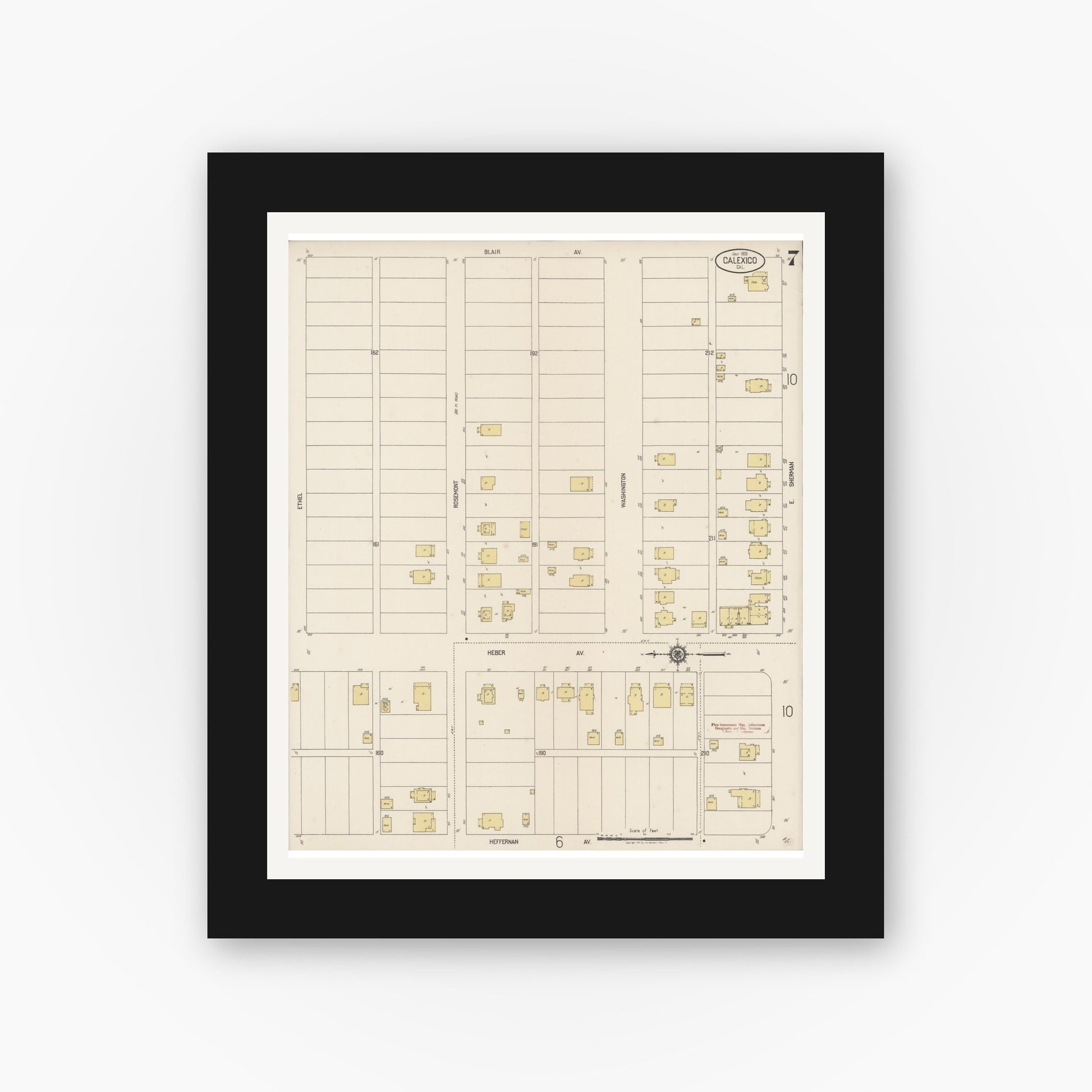 Old map wall art mockup — black gallery frame with white mat — Sanborn Fire Insurance Map from Calexico, Imperial County, California (1920), Sheet #0007