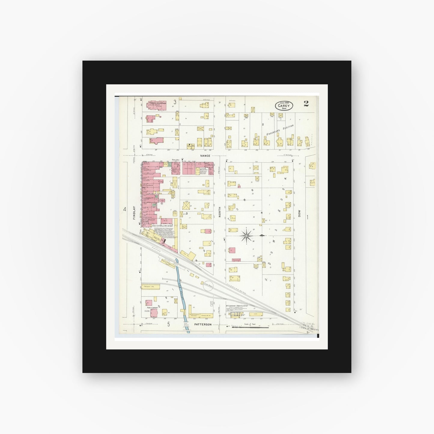 Old map wall art mockup — black gallery frame with white mat — Sanborn Fire Insurance Map from Carey, Wyandot County, Ohio (1908), Sheet #0002