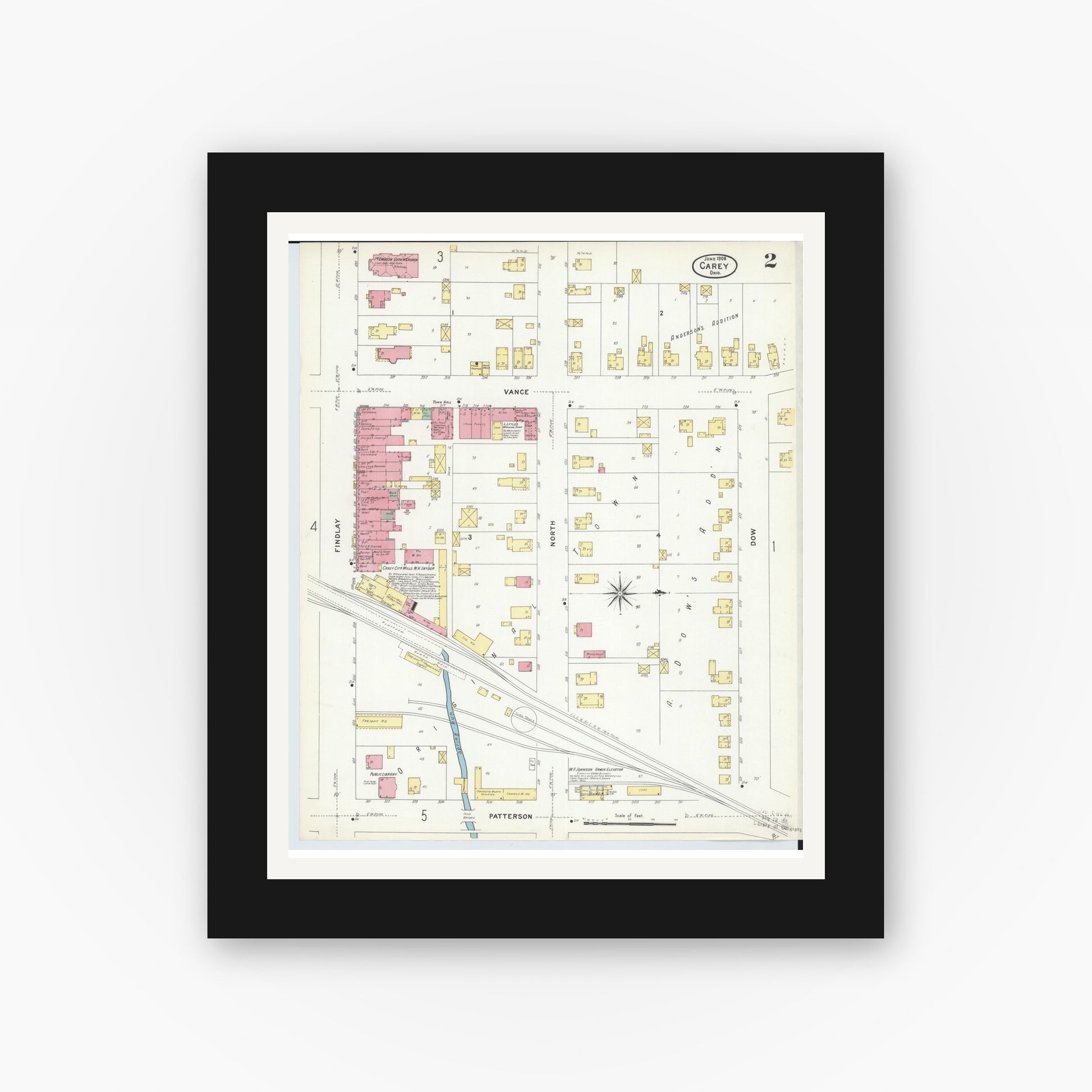 Old map wall art mockup — black gallery frame with white mat — Sanborn Fire Insurance Map from Carey, Wyandot County, Ohio (1908), Sheet #0002