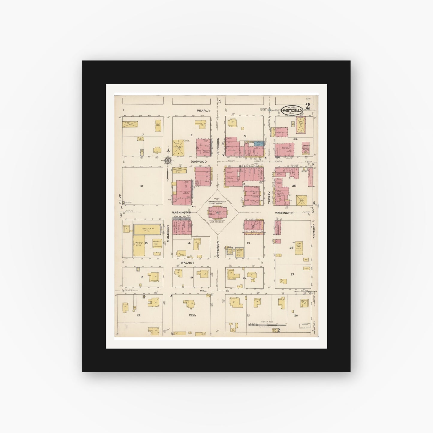Old map wall art mockup — black gallery frame with white mat — Sanborn Fire Insurance Map from Monticello, Jefferson County, Florida (1922), Sheet #0002