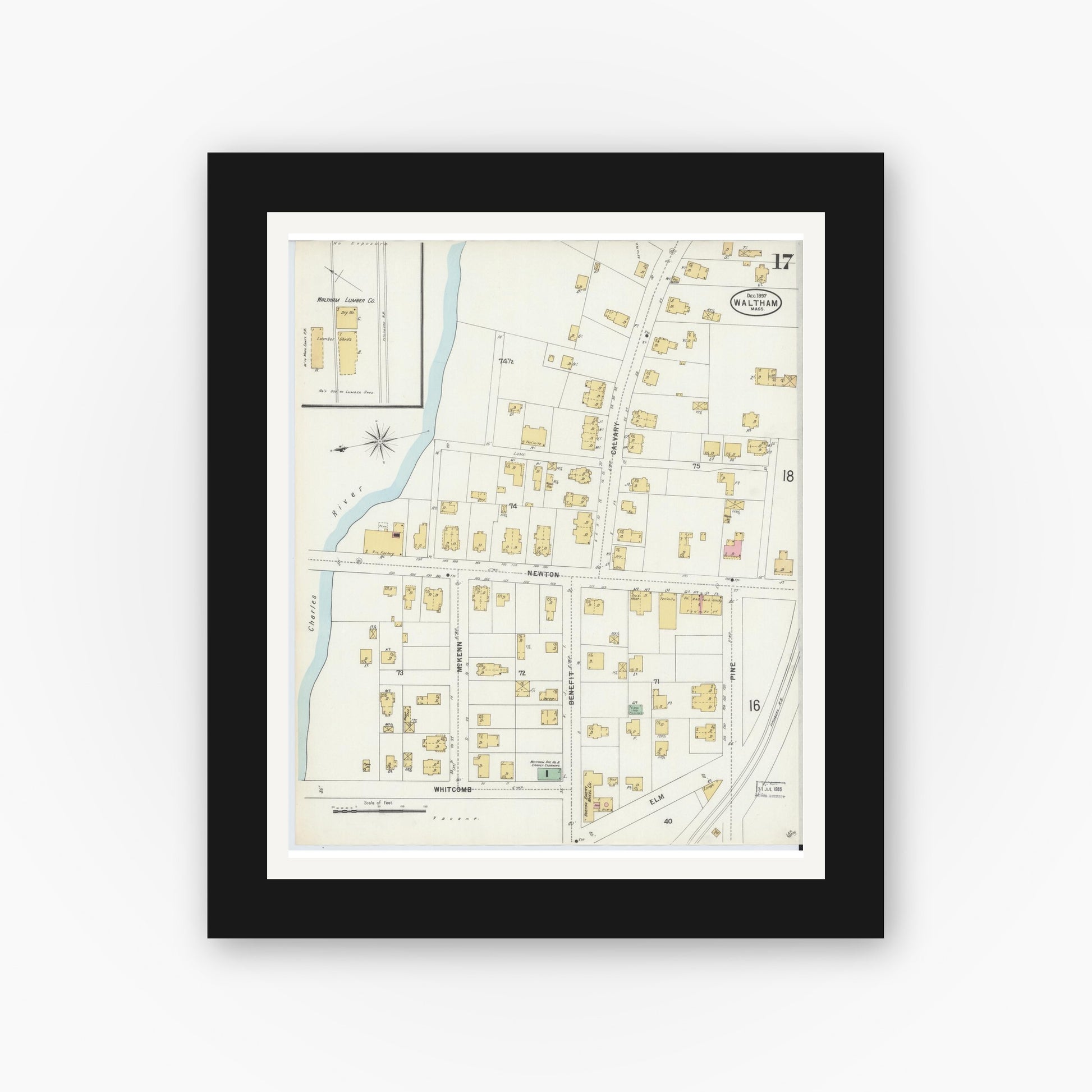 Old map wall art mockup — black gallery frame with white mat — Sanborn Fire Insurance Map from Waltham, Middlesex County, Massachusetts (1897), Sheet #0017