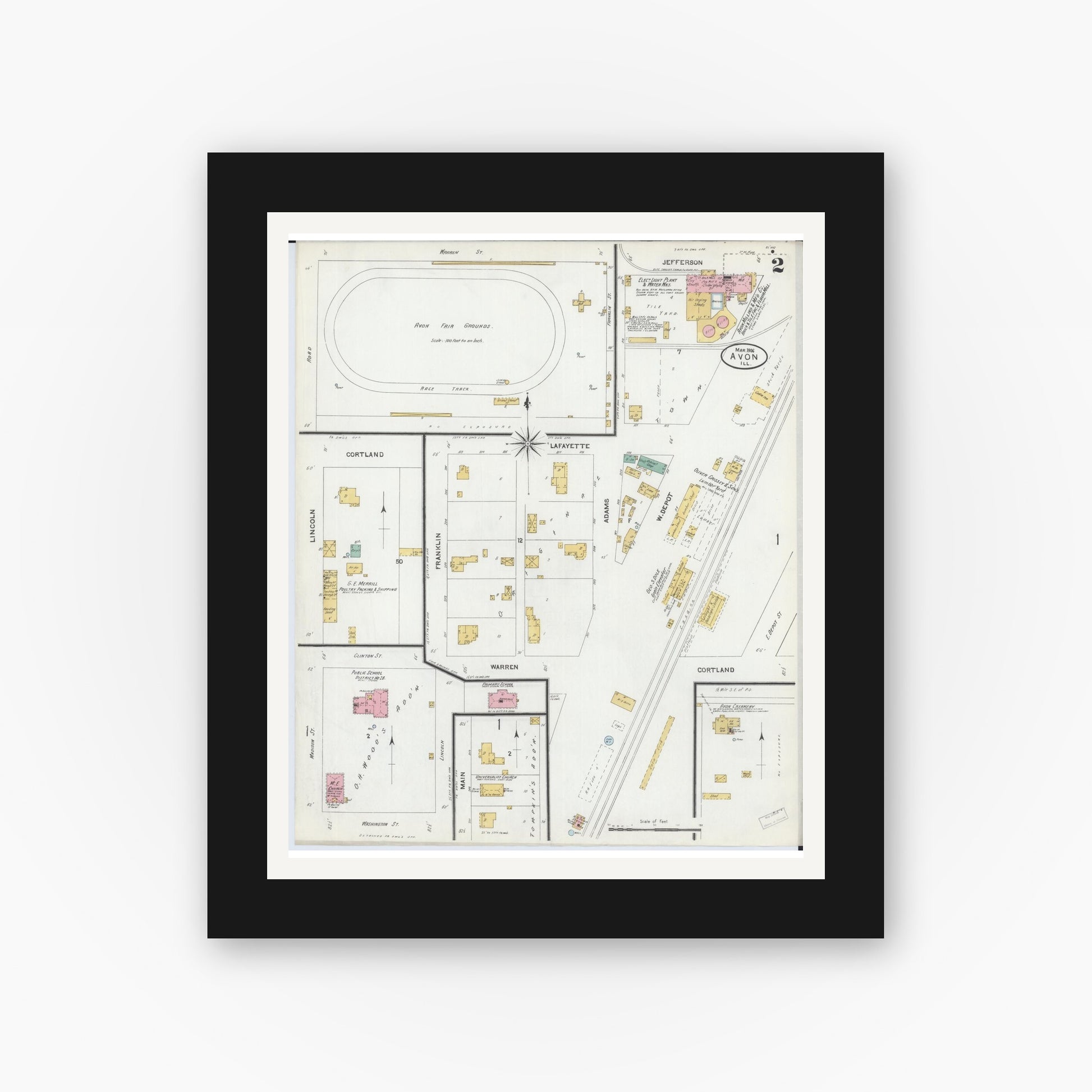 Old map wall art mockup — black gallery frame with white mat — Sanborn Fire Insurance Map from Avon, Fulton County, Illinois (1906), Sheet #0002