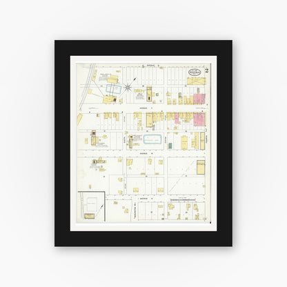 Old map wall art mockup — black gallery frame with white mat — Sanborn Fire Insurance Map from Rosebud, Falls County, Texas (1909), Sheet #0002