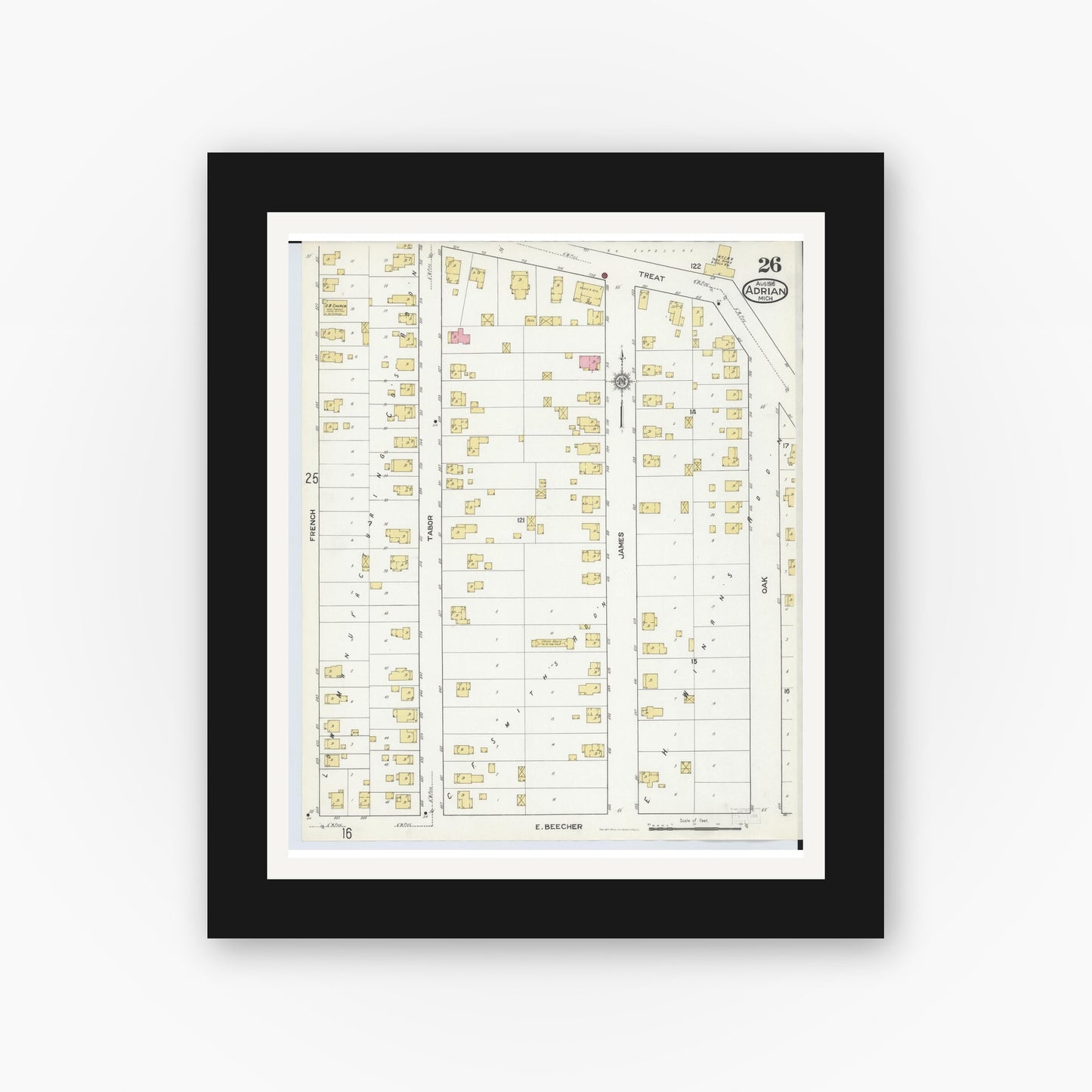 Old map wall art mockup — black gallery frame with white mat — Sanborn Fire Insurance Map from Adrian, Lenawee County, Michigan (1916), Sheet #0026