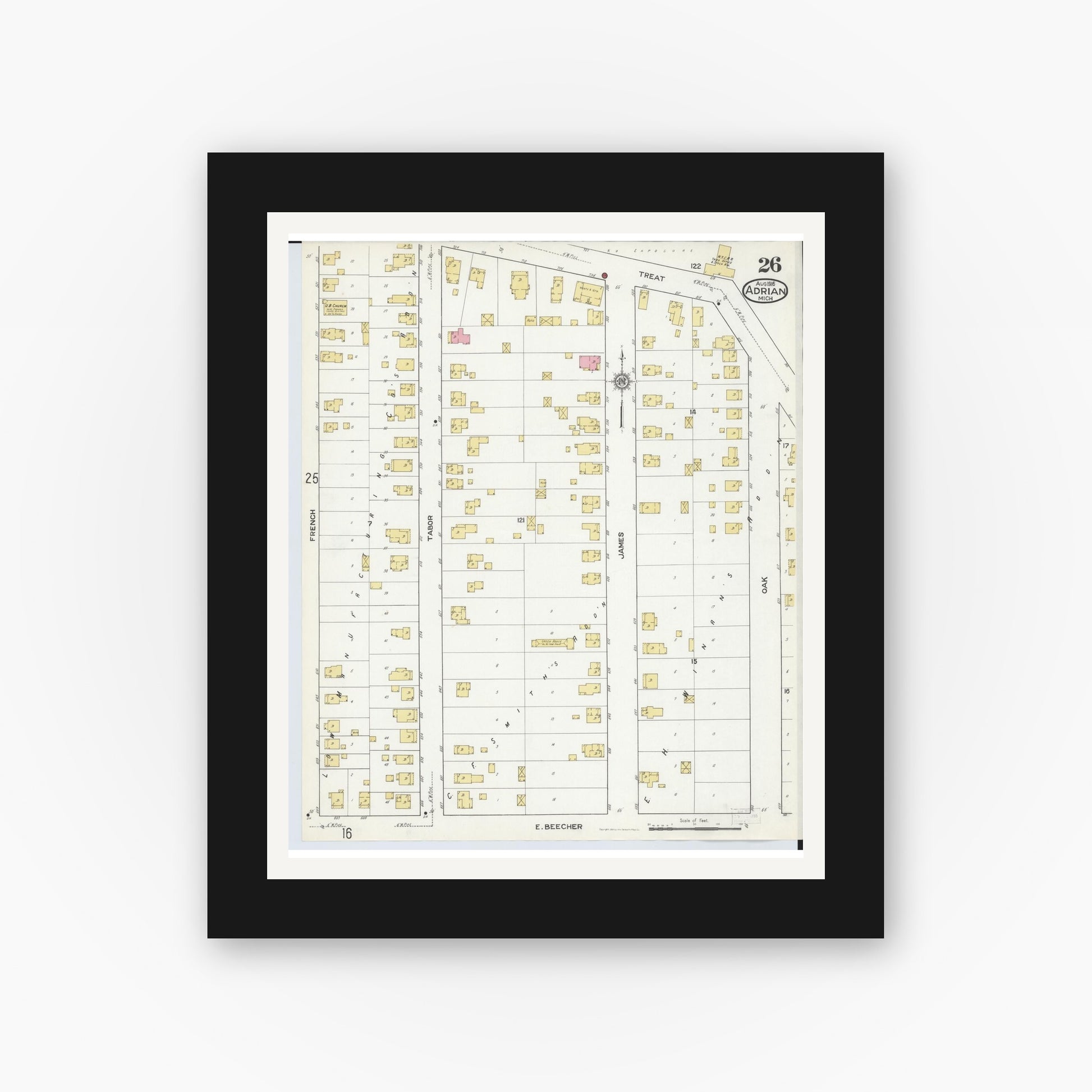 Old map wall art mockup — black gallery frame with white mat — Sanborn Fire Insurance Map from Adrian, Lenawee County, Michigan (1916), Sheet #0026