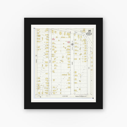 Old map wall art mockup — black gallery frame with white mat — Sanborn Fire Insurance Map from Adrian, Lenawee County, Michigan (1916), Sheet #0026