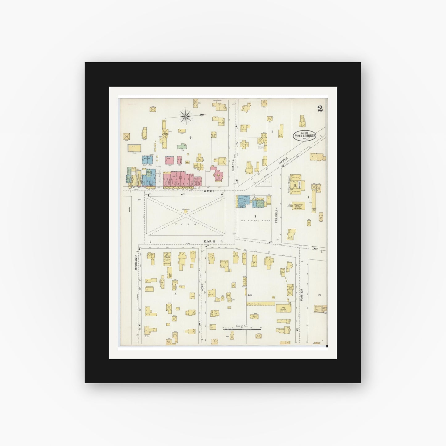 Old map wall art mockup — black gallery frame with white mat — Sanborn Fire Insurance Map from Prattsburgh, Steuben County, New York (1898), Sheet #0002