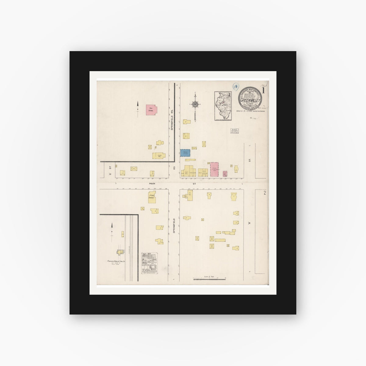 Old map wall art mockup — black gallery frame with white mat — Sanborn Fire Insurance Map from Green Valley, Tazewell County, Illinois (1922) - Complete Map Set