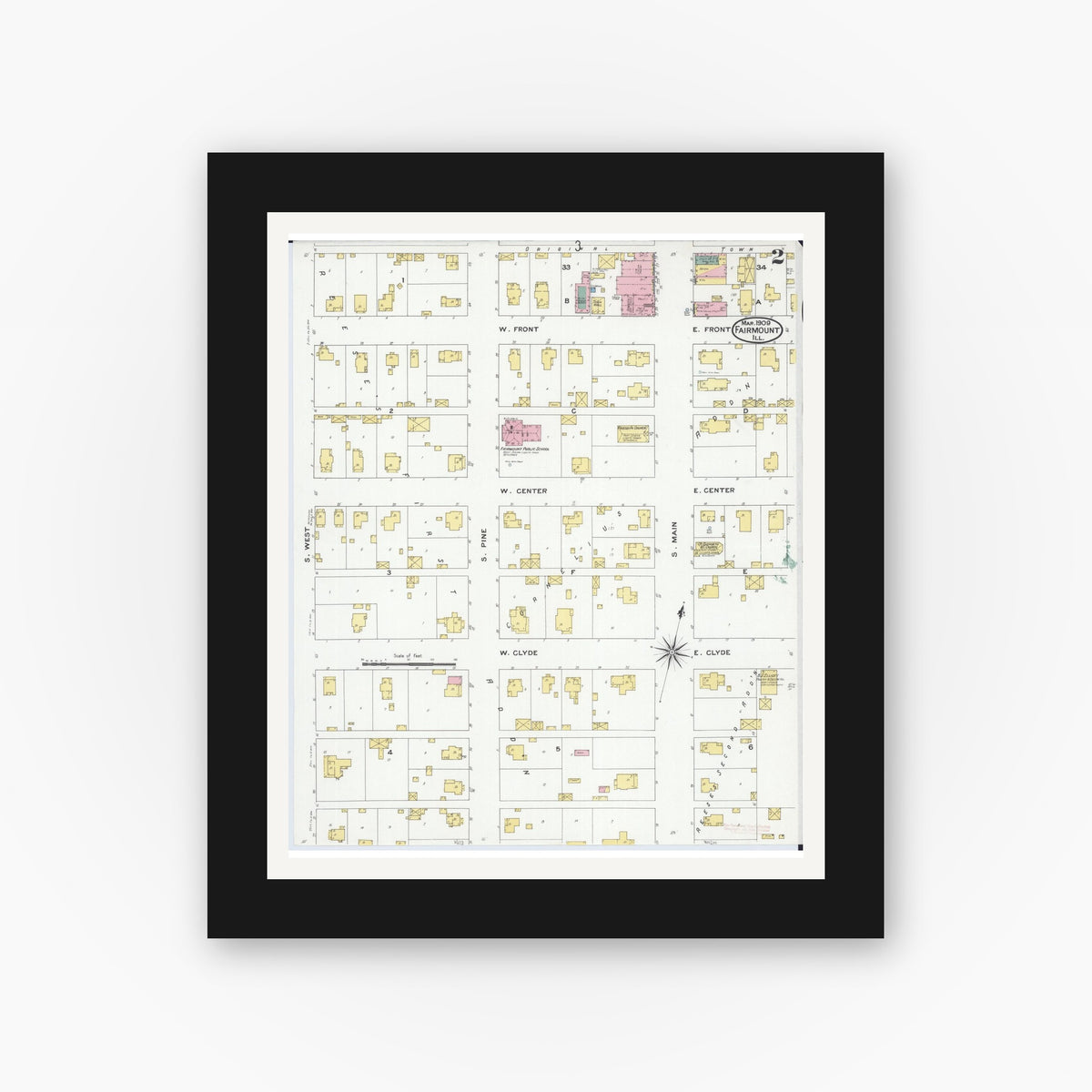 Old map wall art mockup — black gallery frame with white mat — Sanborn Fire Insurance Map from Fairmount, Vermilion County, Illinois (1909), Sheet #0002