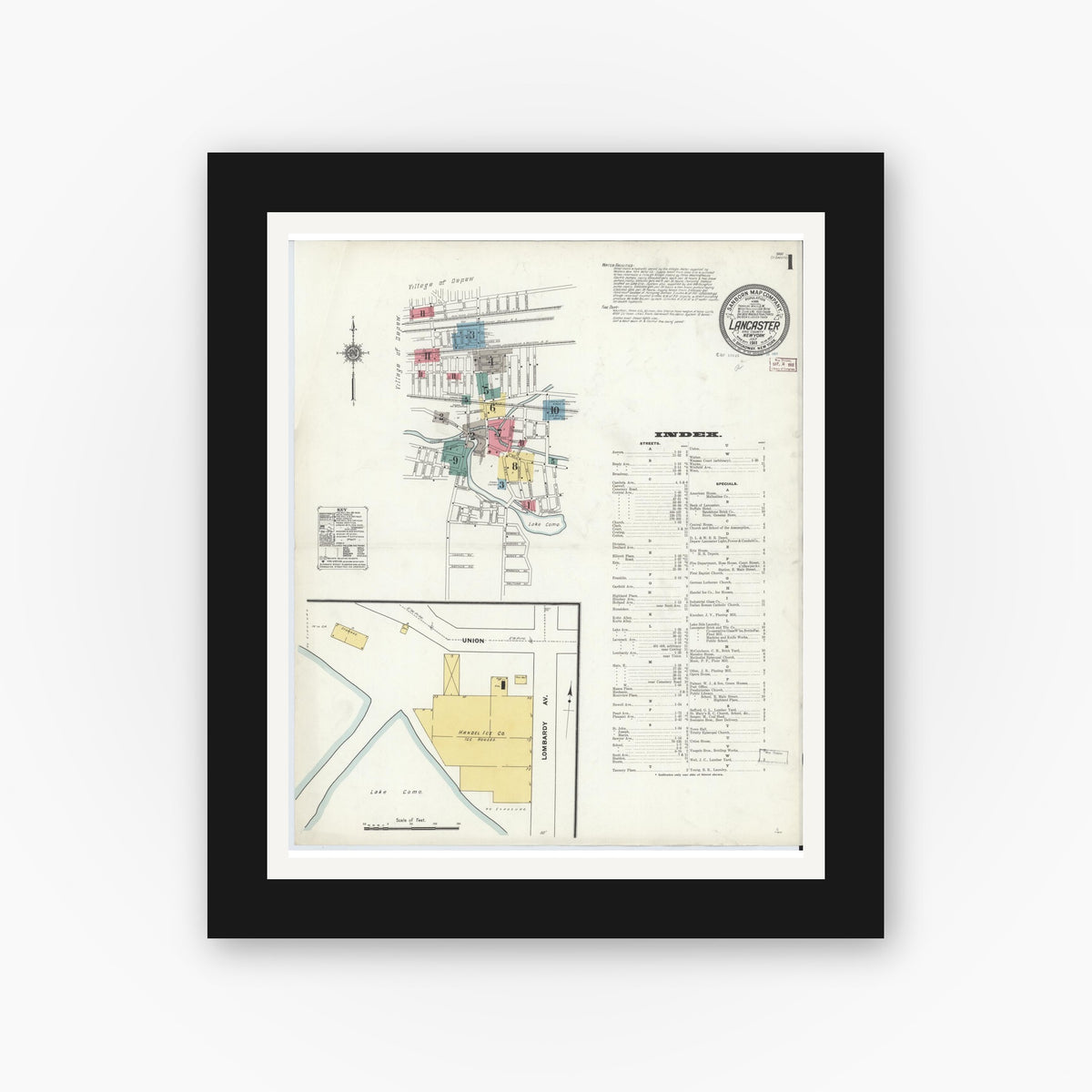 Old map wall art mockup — black gallery frame with white mat — Sanborn Fire Insurance Map from Lancaster, Erie County, New York (1911), Sheet #0001