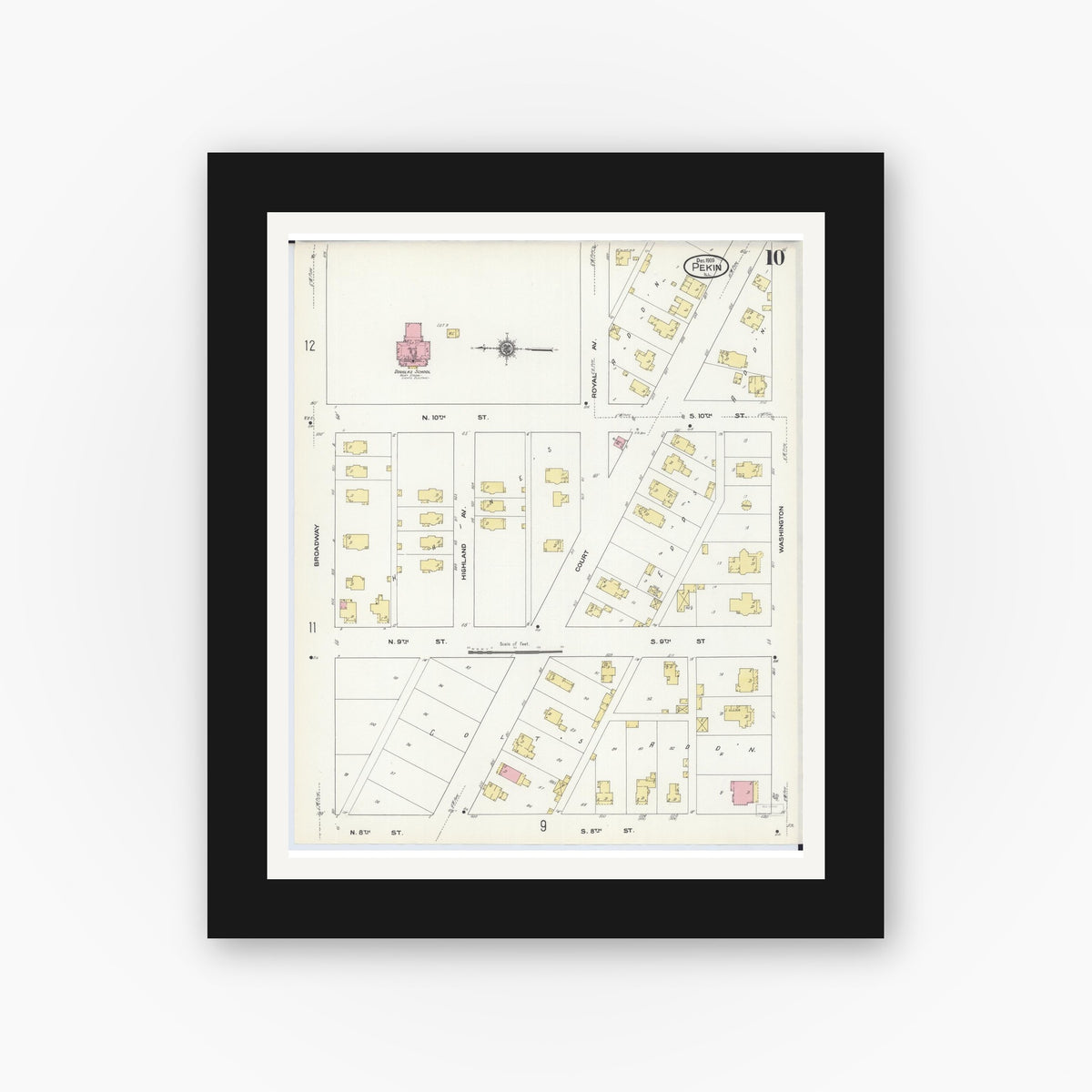 Old map wall art mockup — black gallery frame with white mat — Sanborn Fire Insurance Map from Pekin, Tazewell County, Illinois (1909), Sheet #0010
