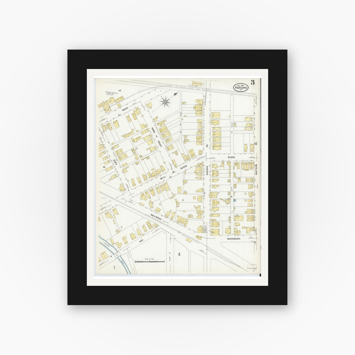 Old map wall art mockup — black gallery frame with white mat — Sanborn Fire Insurance Map from Parsons, Luzerne County, Pennsylvania (1908), Sheet #0003