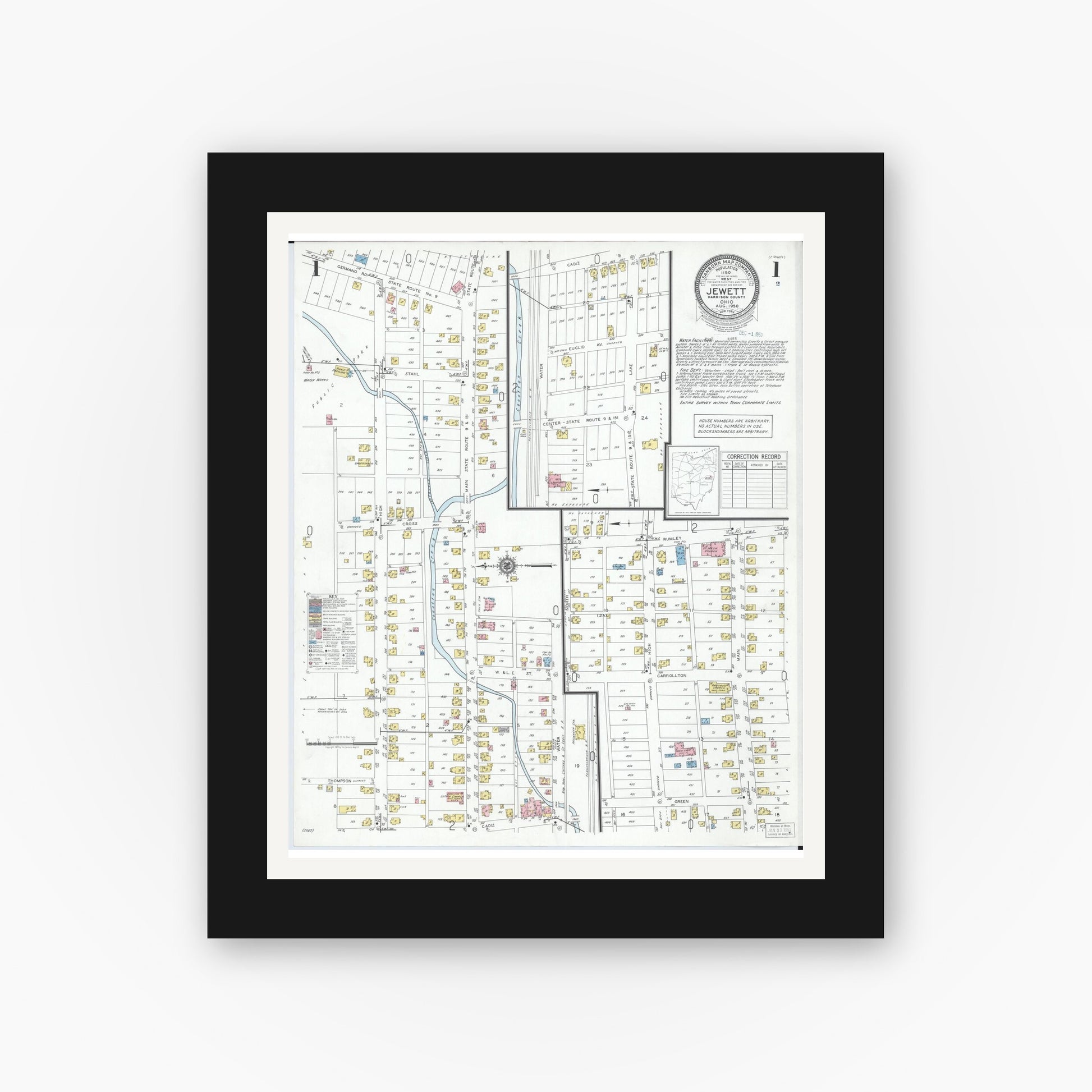 Old map wall art mockup — black gallery frame with white mat — Sanborn Fire Insurance Map from Jewett, Harrison County, Ohio (1950), Sheet #0001
