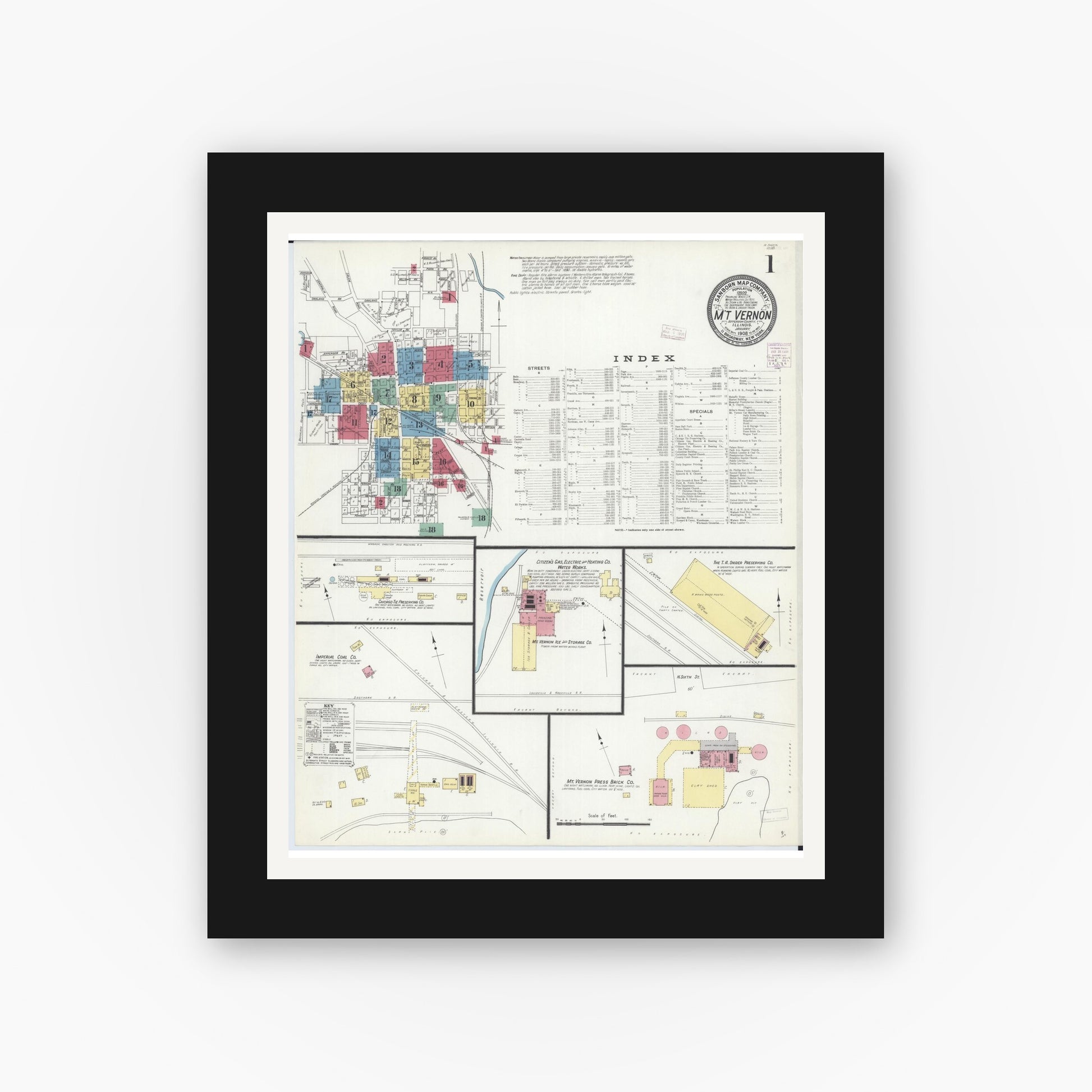 Old map wall art mockup — black gallery frame with white mat — Sanborn Fire Insurance Map from Mount Vernon, Jefferson County, Illinois (1908) - Complete Map Set