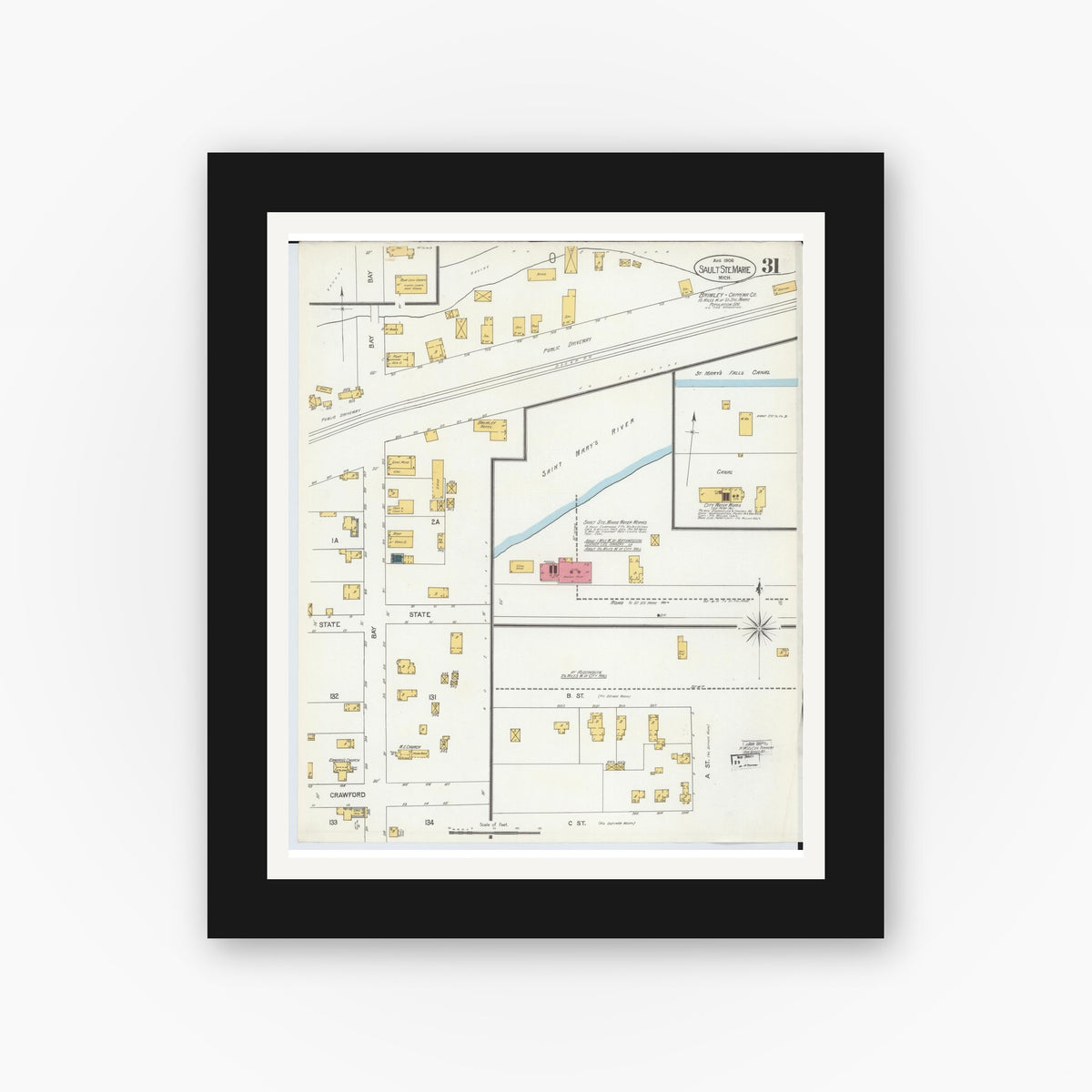 Old map wall art mockup — black gallery frame with white mat — Sanborn Fire Insurance Map from Sault Sainte Marie, Chippewa County, Michigan (1906), Sheet #0031