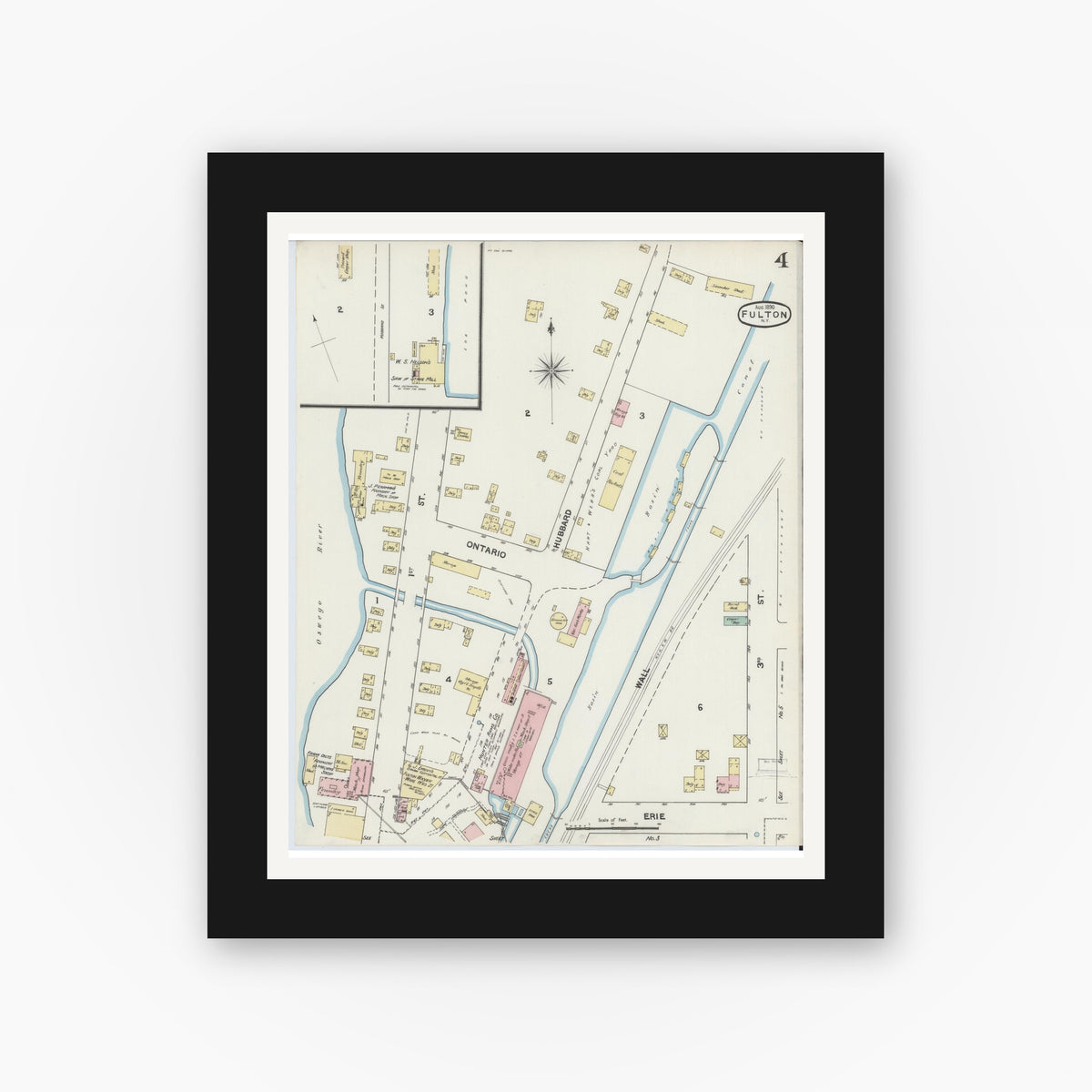 Old map wall art mockup — black gallery frame with white mat — Sanborn Fire Insurance Map from Fulton, Oswego County, New York (1890), Sheet #0004