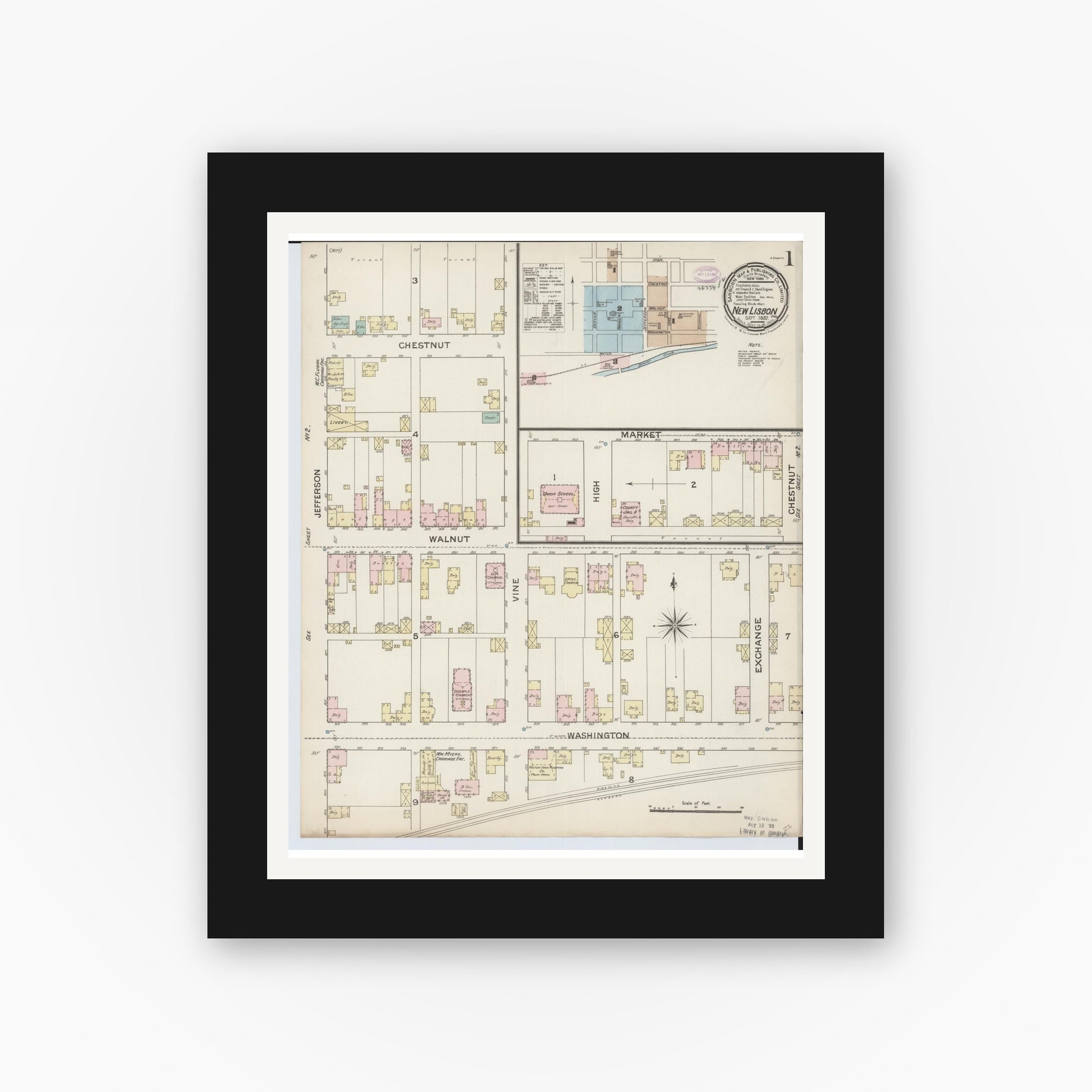 Old map wall art mockup — black gallery frame with white mat — Sanborn Fire Insurance Map from New Lisbon, Columbiana County, Ohio (1887), Sheet #0001