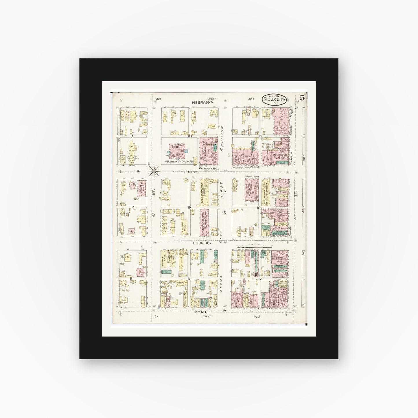 Old map wall art mockup — black gallery frame with white mat — Sanborn Fire Insurance Map from Sioux City, Woodbury County, Iowa (1886), Sheet #0005