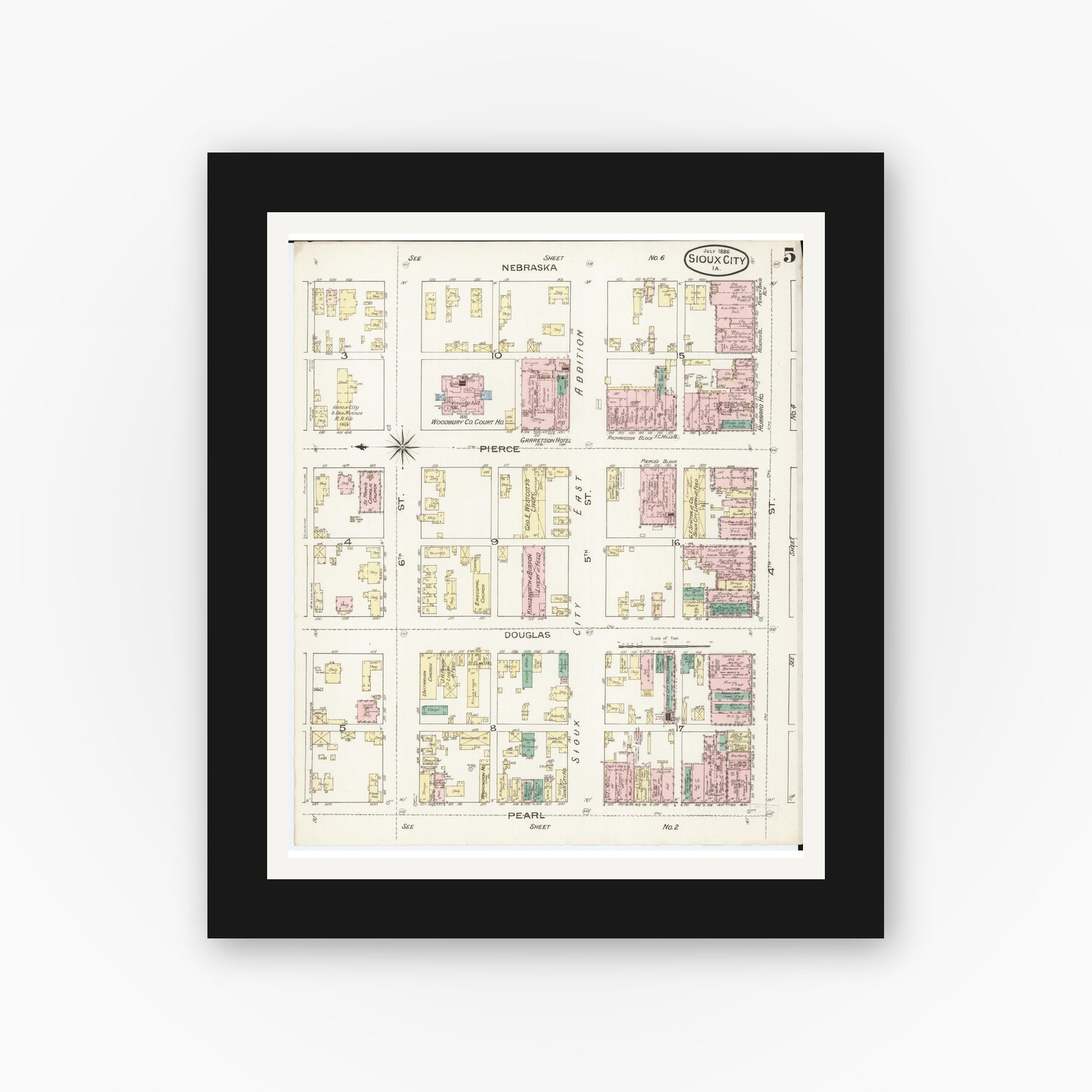 Old map wall art mockup — black gallery frame with white mat — Sanborn Fire Insurance Map from Sioux City, Woodbury County, Iowa (1886), Sheet #0005