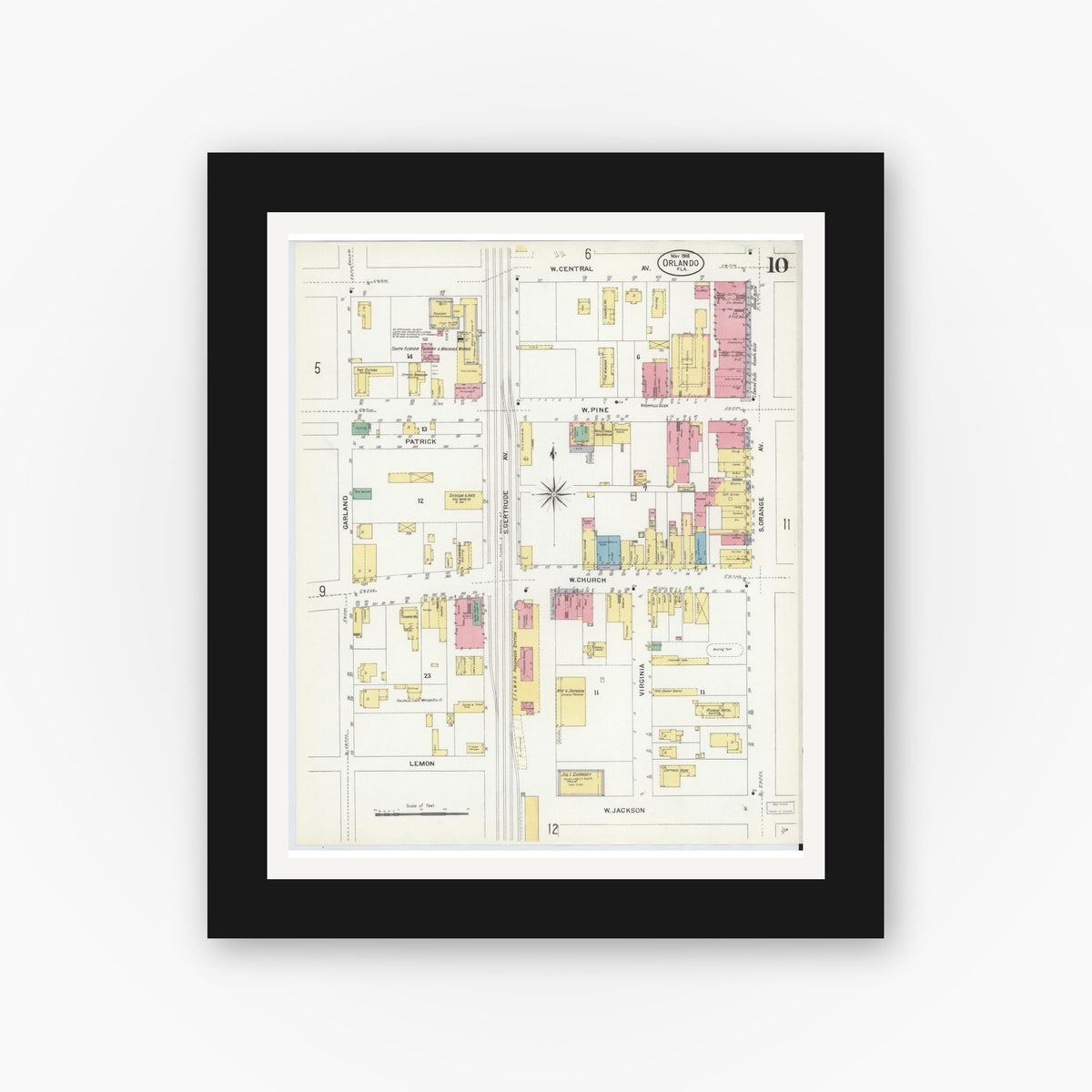 Old map wall art mockup — black gallery frame with white mat — Sanborn Fire Insurance Map from Orlando, Orange County, Florida (1908), Sheet #0010