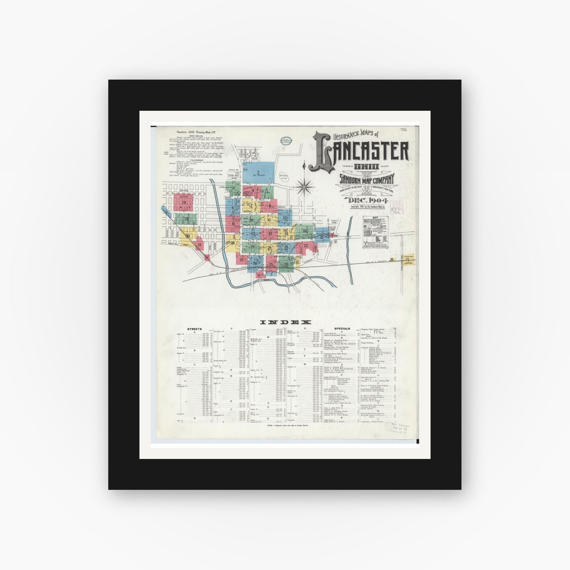 Old map wall art mockup — black gallery frame with white mat — Sanborn Fire Insurance Map from Lancaster, Fairfield County, Ohio (1904) - Complete Map Set