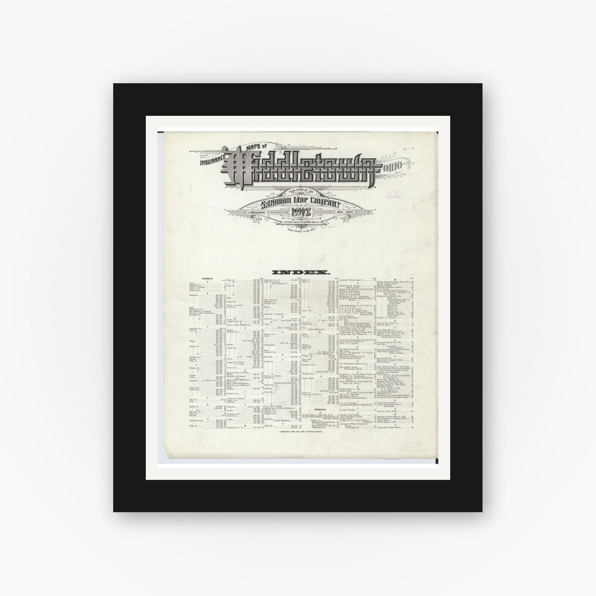 Old map wall art mockup — black gallery frame with white mat — Sanborn Fire Insurance Map from Middletown, Butler County, Ohio (1912), Sheet #0001