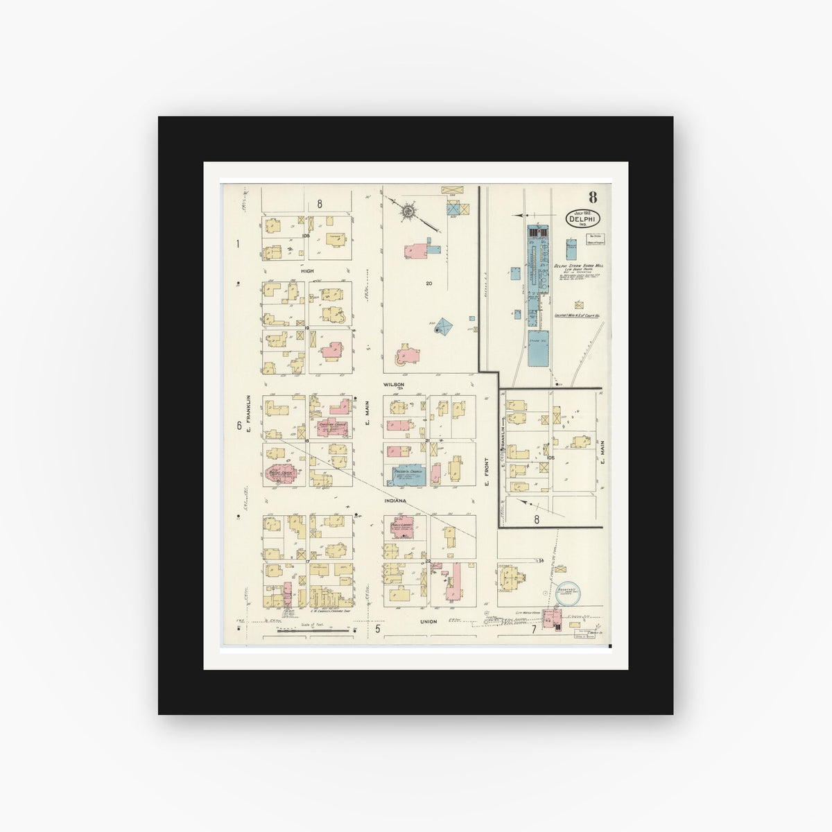 Old map wall art mockup — black gallery frame with white mat — Sanborn Fire Insurance Map from Delphi, Carroll County, Indiana (1912), Sheet #0008