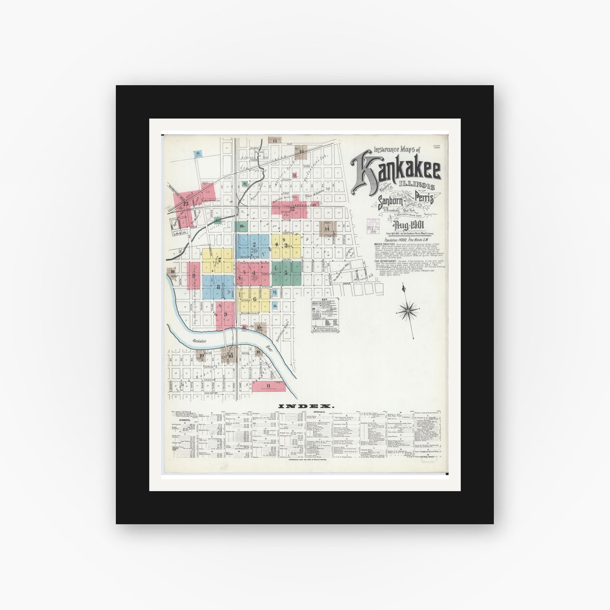 Old map wall art mockup — black gallery frame with white mat — Sanborn Fire Insurance Map from Kankakee, Kankakee County, Illinois (1901) - Complete Map Set