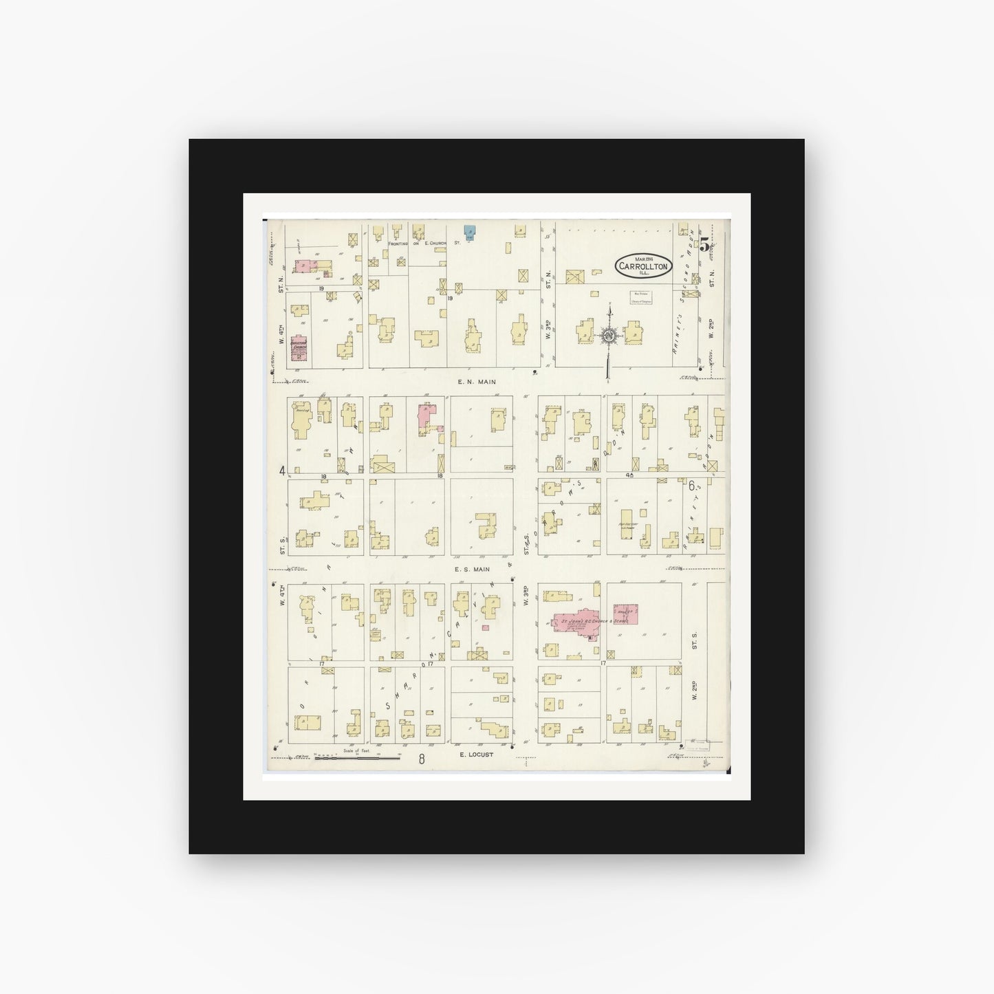 Old map wall art mockup — black gallery frame with white mat — Sanborn Fire Insurance Map from Carrollton, Greene County, Illinois (1914), Sheet #0005