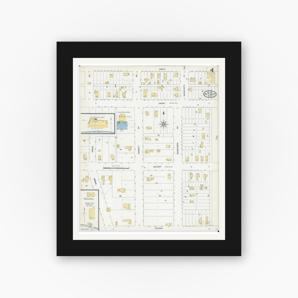 Old map wall art mockup — black gallery frame with white mat — Sanborn Fire Insurance Map from Detroit Lakes, Becker County, Minnesota (1904), Sheet #0004