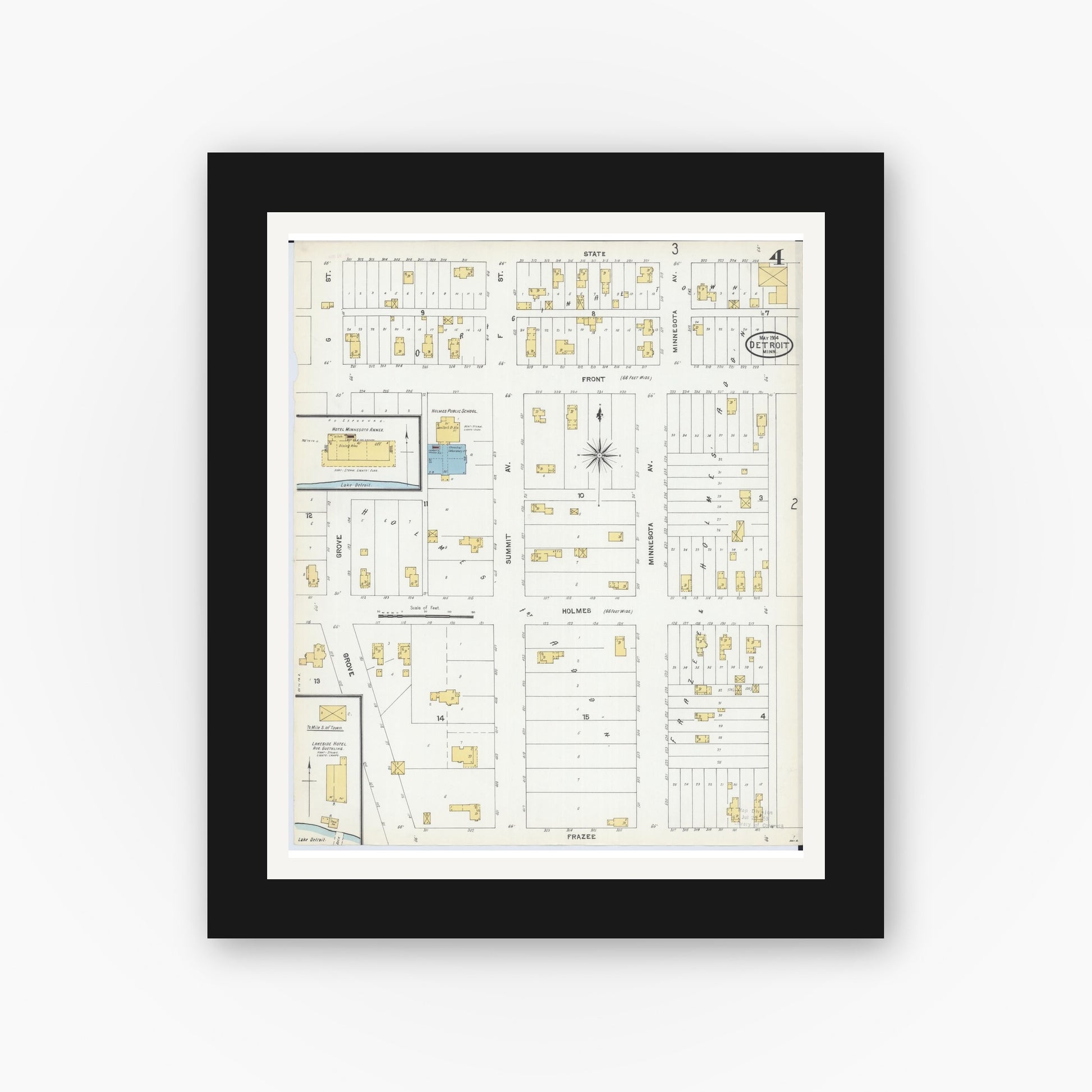 Old map wall art mockup — black gallery frame with white mat — Sanborn Fire Insurance Map from Detroit Lakes, Becker County, Minnesota (1904), Sheet #0004