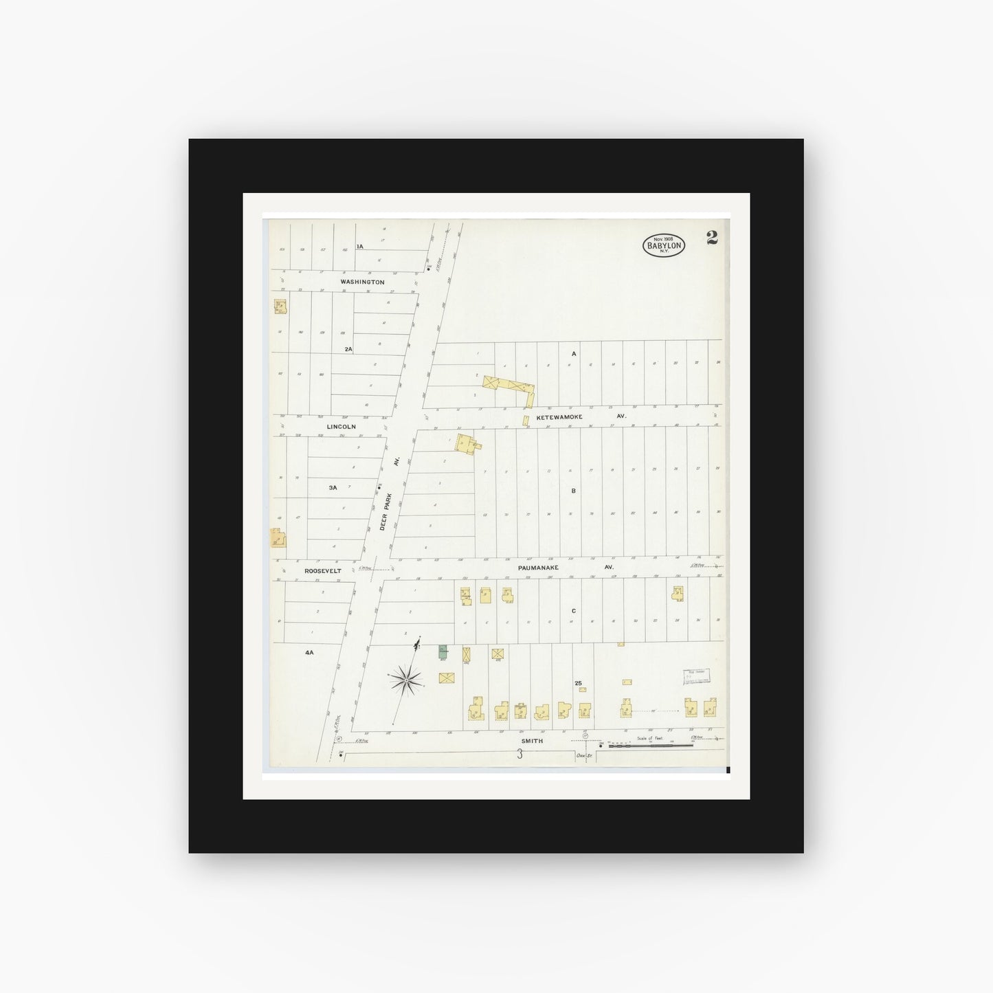 Old map wall art mockup — black gallery frame with white mat — Sanborn Fire Insurance Map from Babylon, Suffolk County, New York (1908), Sheet #0002