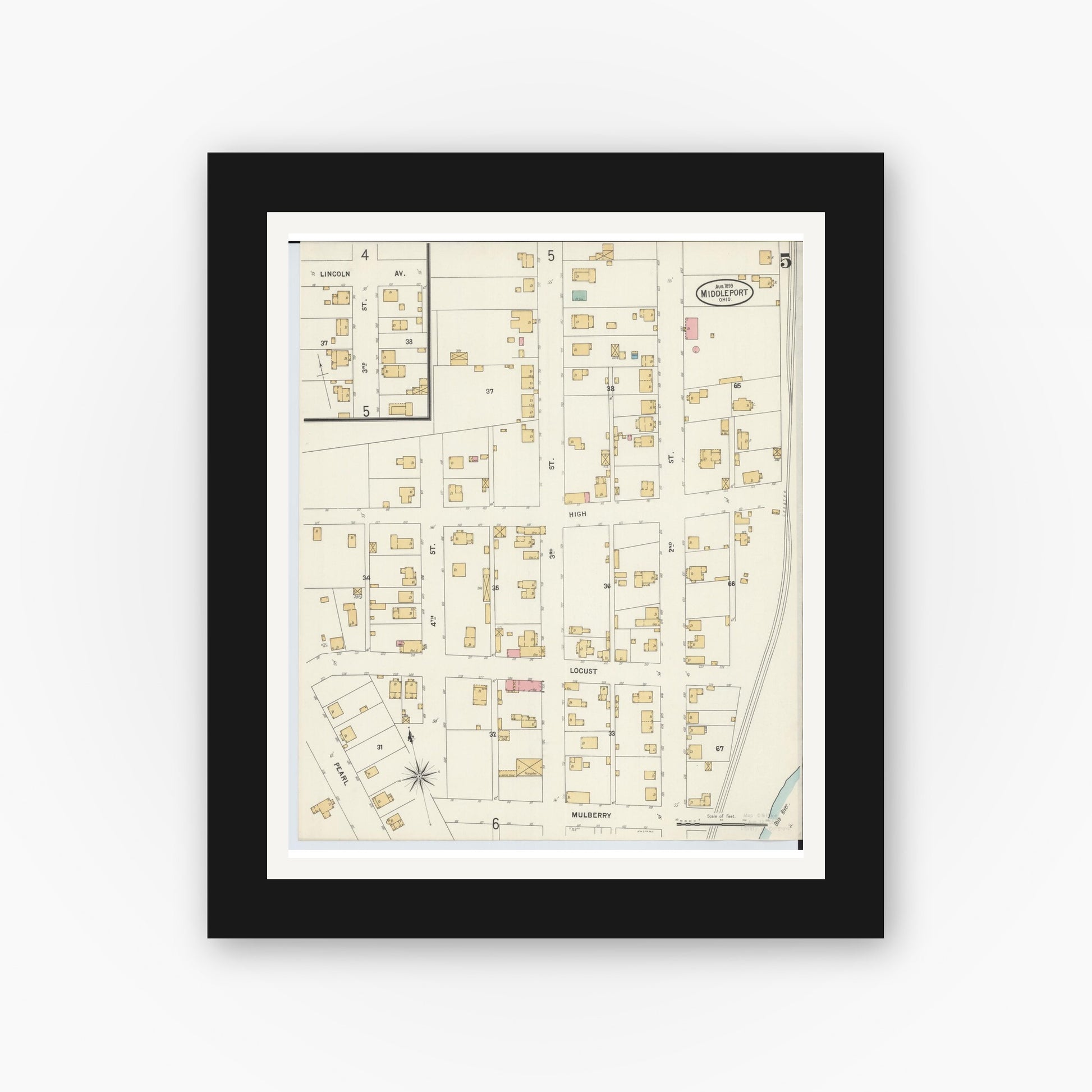 Old map wall art mockup — black gallery frame with white mat — Sanborn Fire Insurance Map from Middleport, Meigs County, Ohio (1899), Sheet #0005