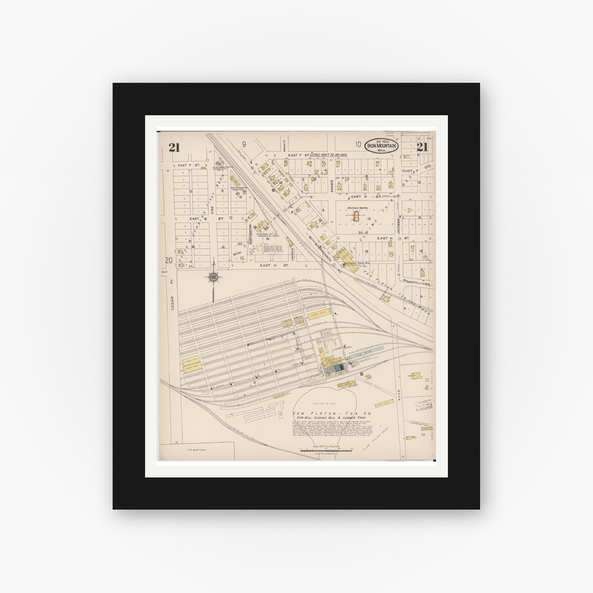 Old map wall art mockup — black gallery frame with white mat — Sanborn Fire Insurance Map from Iron Mountain, Dickinson County, Michigan (1923), Sheet #0021