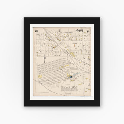Old map wall art mockup — black gallery frame with white mat — Sanborn Fire Insurance Map from Iron Mountain, Dickinson County, Michigan (1923), Sheet #0021
