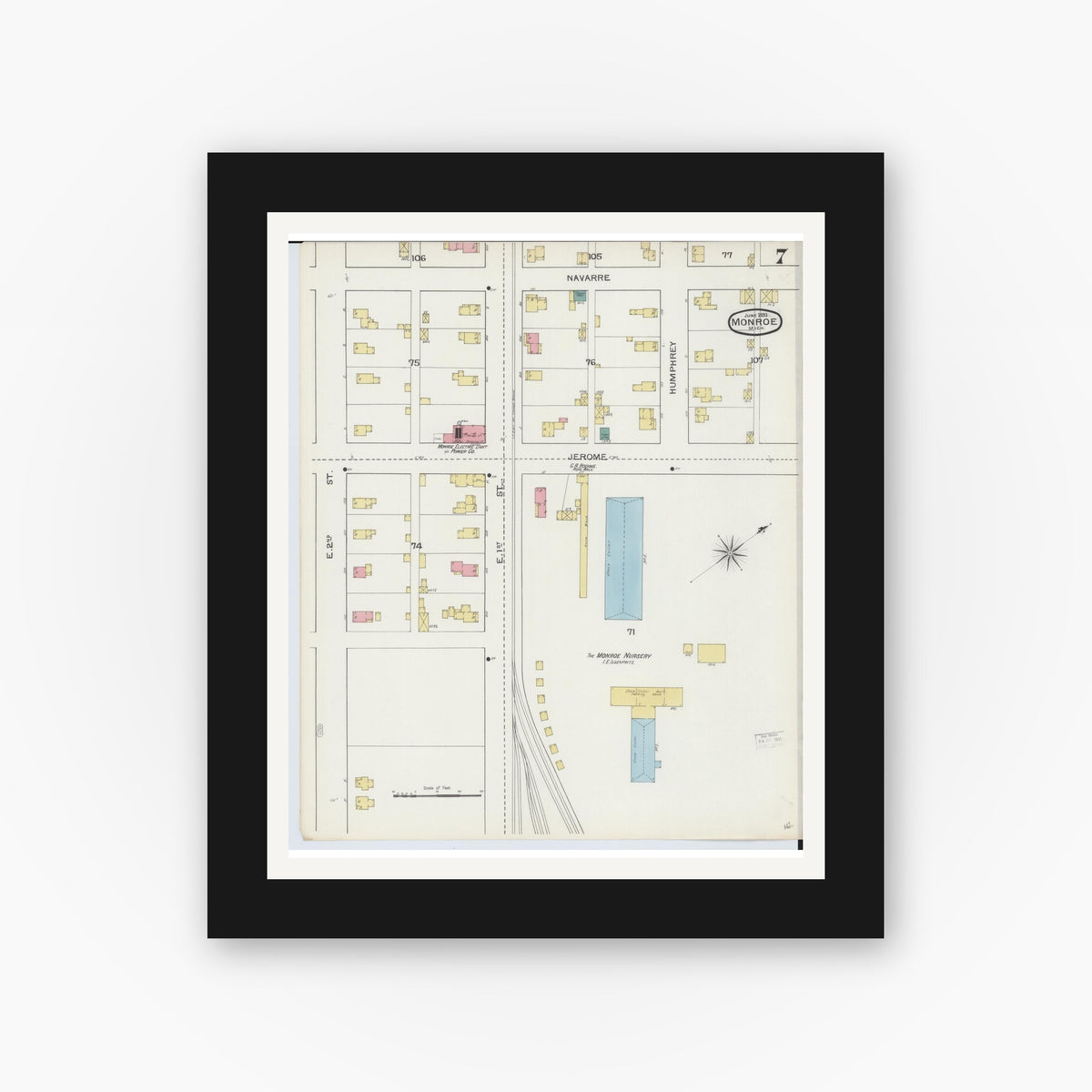 Old map wall art mockup — black gallery frame with white mat — Sanborn Fire Insurance Map from Monroe, Monroe County, Michigan (1893), Sheet #0007