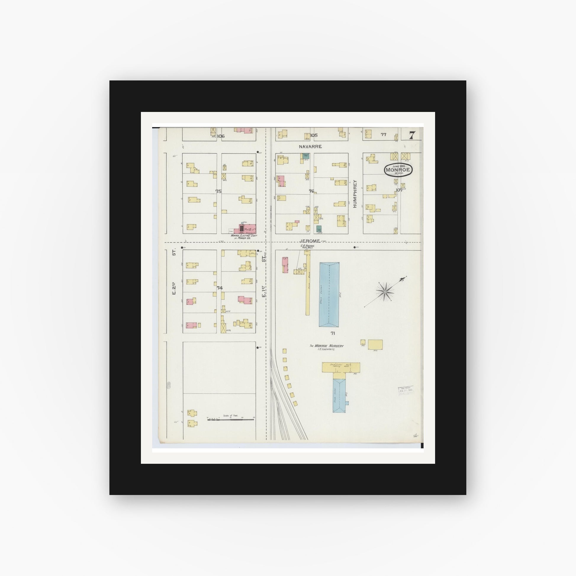 Old map wall art mockup — black gallery frame with white mat — Sanborn Fire Insurance Map from Monroe, Monroe County, Michigan (1893), Sheet #0007