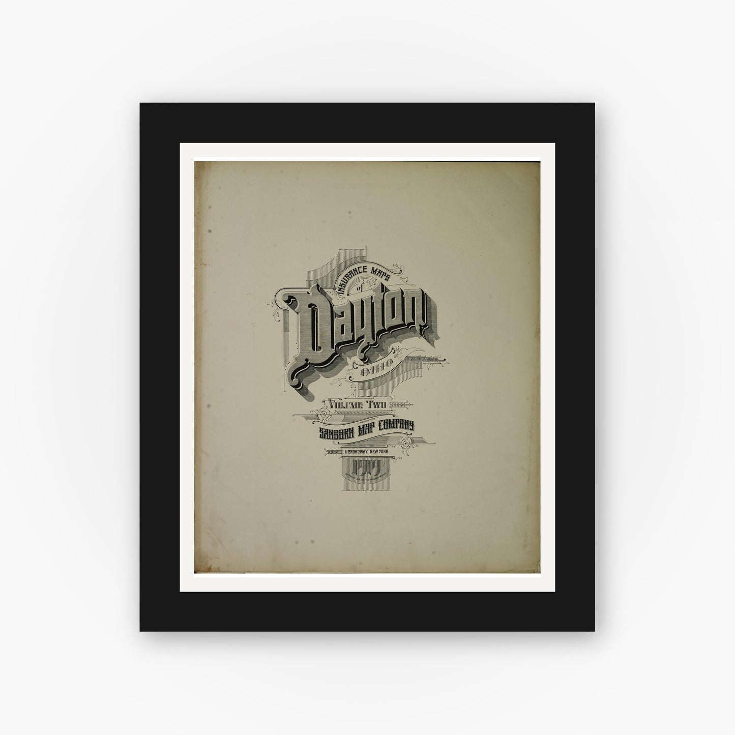 Old map wall art mockup — black gallery frame with white mat — Sanborn Fire Insurance Map from Dayton, Montgomery County, Ohio (1919), Sheet #0001