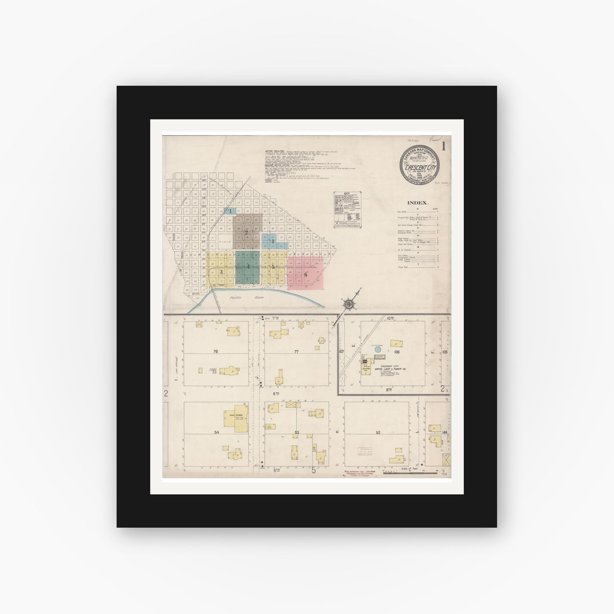 Old map wall art mockup — black gallery frame with white mat — Sanborn Fire Insurance Map from Crescent City, Del Norte County, California (1915) - Complete Map Set