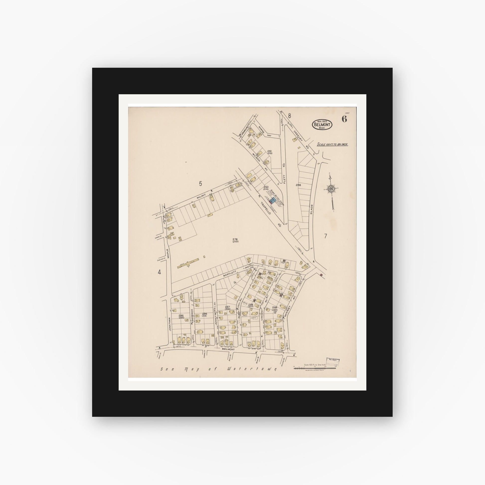 Old map wall art mockup — black gallery frame with white mat — Sanborn Fire Insurance Map from Belmont, Middlesex County, Massachusetts (1922), Sheet #0006